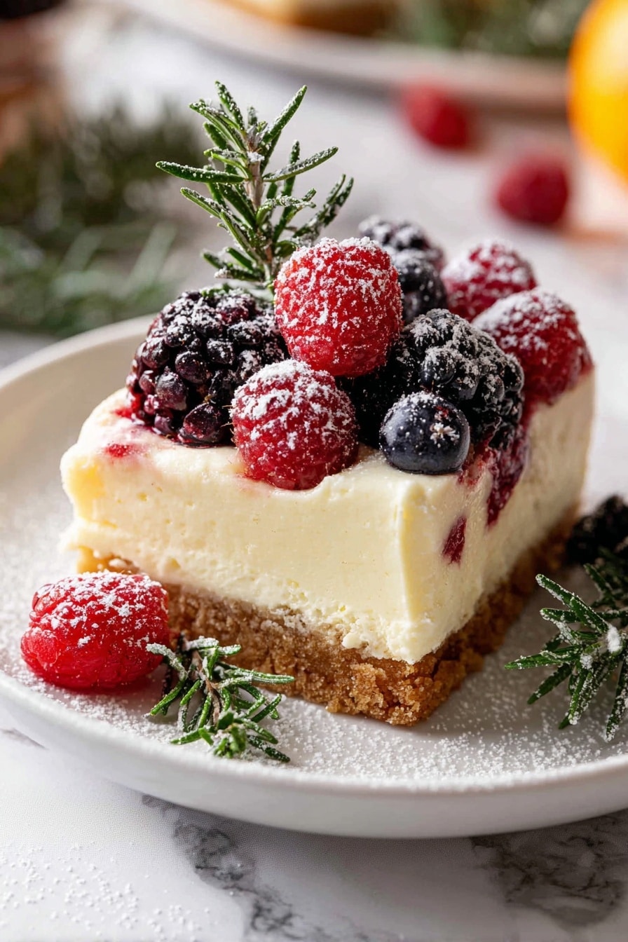 This image shows a close-up of a cheesecake with two main layers on a white marbled surface: a thick, crumbly brown crust at the bottom and a creamy, smooth off-white cheesecake layer above it. The top is decorated with fresh red raspberries, dark red cherries, green sprigs of rosemary dusted with powdered sugar, and bright orange slices arranged in a row. The background is softly blurred with a warm tone, emphasizing the rich colors and textures of the cheesecake. Photo taken with an iphone --ar 2:3 --v 7 - Christmas No-Bake Cheesecake Slab, easy holiday cheesecake, festive no-bake dessert, Christmas dessert ideas, creamy cheesecake with berries
