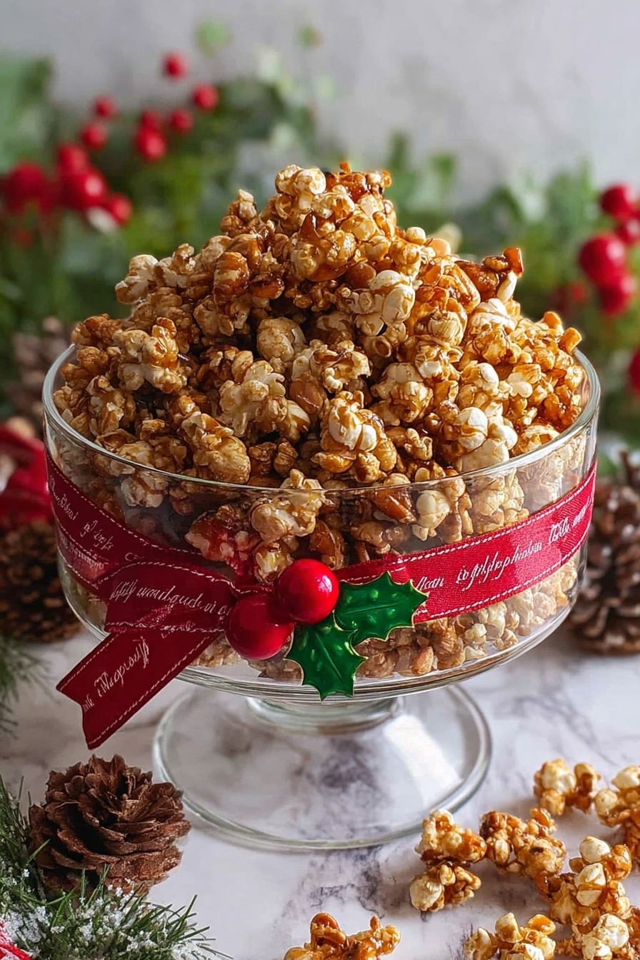 The image shows a clear glass bowl filled with caramel popcorn mixed with almond slices. The popcorn is piled high, forming a mound with the almond slivers visible on top. A red ribbon with white text is wrapped around the middle of the bowl, decorated with green holly leaves and shiny red berries attached to the ribbon. The bowl stands on a short pedestal, placed on a white marbled surface with blurred festive decorations in the background, including pine cones, red berries, and green foliage. photo taken with an iphone --ar 2:3 --v 7 - Christmas Spiced Caramel Popcorn, festive caramel popcorn, holiday spiced popcorn, Christmas treat popcorn, homemade festive snack