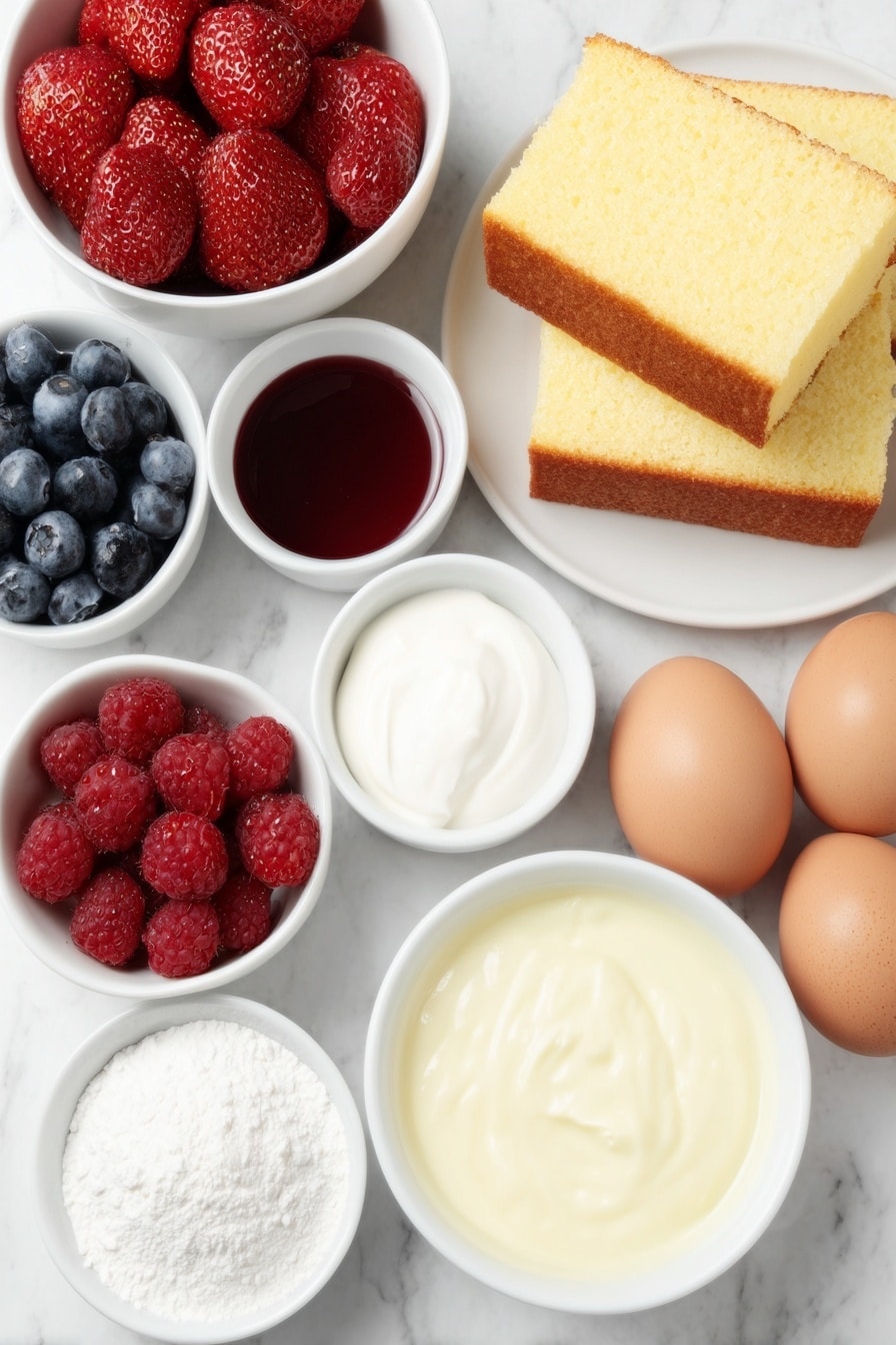 Flat lay of a small white ceramic bowl filled with vibrant red halved strawberries, another small white bowl with plump deep blue blueberries, a third small white bowl holding bright red raspberries, a simple white ceramic plate stacked with neat cubes of golden Madeira cake, a small white ceramic bowl containing bright cranberry juice, a small white bowl of white gelatine powder, three whole brown eggs with clean shells arranged neatly, a small white bowl of thick pale yellow custard with visible vanilla bean specks, a small white bowl with smooth heavy cream, a small white bowl of fine white caster sugar, and a small white bowl of pale cornflour, placed on a clean white marble surface, soft natural light, photo taken with an iPhone, professional food photography style, fresh ingredients, white ceramic bowls, no bottles, no duplicates, no utensils, no packaging --ar 2:3 --v 7 --p m7354615311229779997 - Festive Cranberry Trifle, Cranberry-Trifle with Fresh Berries, Holiday Trifle Dessert, Easy Cranberry Fruit Dessert, Christmas Trifle Idea