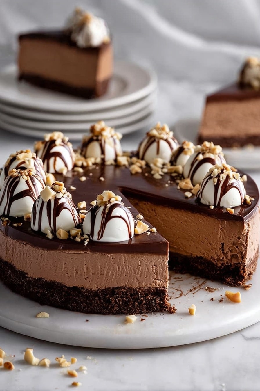 A slice of dessert with three clear layers is on a white plate sitting on a white marbled surface. The bottom layer is a dark, crumbly crust that looks like chocolate cookies. The middle layer is thick and creamy with a light brown color, resembling chocolate mousse. The top layer is thin and glossy with a rich dark chocolate finish. On top, there is a swirl of white whipped cream, drizzled with dark chocolate sauce, and sprinkled with small nut pieces. The background is blurred with soft gray and white tones. photo taken with an iphone --ar 2:3 --v 7 - No-Bake Nutella Cheesecake, easy Nutella dessert, no-bake cheesecake recipe, creamy Nutella cheesecake, no-bake dessert ideas