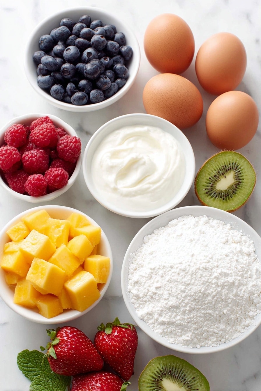 Flat lay of five whole brown eggs with clean shells, a small white ceramic bowl filled with superfine caster sugar, a small white ceramic bowl of white vinegar, a small white ceramic bowl containing fine cornflour, a small white ceramic bowl of thickened cream, a small white ceramic bowl with smooth mascarpone, a small white ceramic bowl of vanilla extract, a few whole strawberries with green leaves, diced bright orange mango cubes, a handful of plump blueberries, fresh raspberries, thin slices of vibrant green kiwi, fresh passionfruit pulp with black seeds visible, and small fresh mint sprigs arranged symmetrically around the bowls, all placed on a clean white marble surface, soft natural light, photo taken with an iPhone, professional food photography style, fresh ingredients, white ceramic bowls, no bottles, no duplicates, no utensils, no packaging --ar 2:3 --v 7 --p m7354615311229779997 - Mini Pavlova Cups with Fresh Fruit, pavlova cups, fruit-topped pavlova, mini meringue desserts, easy pavlova ideas