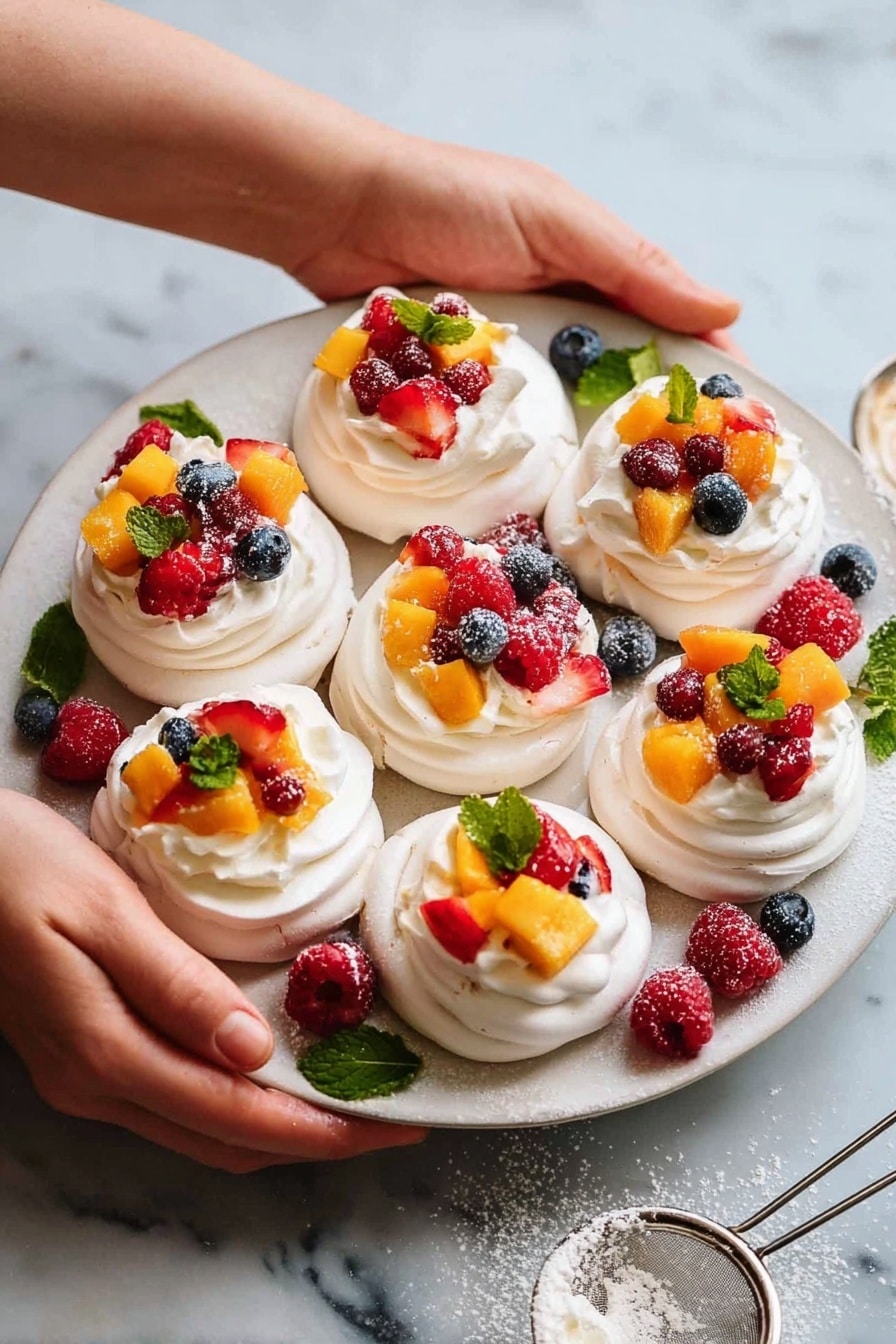The image shows a white round plate filled with eight mini pavlova nests, each made of one layer of white meringue with a soft, swirled texture. On top of each nest is a white whipped cream layer, smooth and fluffy, crowned with colorful fruit pieces. The fruits include bright orange mango chunks, red strawberry pieces, deep blue blueberries, and red raspberries. Some nests have a small green mint leaf for decoration. Around the plate, scattered berries and mint leaves dusted with powdered sugar add extra color and texture. Two woman's hands gently hold the plate from the sides, and the plate sits on a white marbled surface. A small metal sieve with powdered sugar is near the bottom center. photo taken with an iphone --ar 2:3 --v 7 - Mini Pavlova Cups with Fresh Fruit, pavlova cups, fruit-topped pavlova, mini meringue desserts, easy pavlova ideas