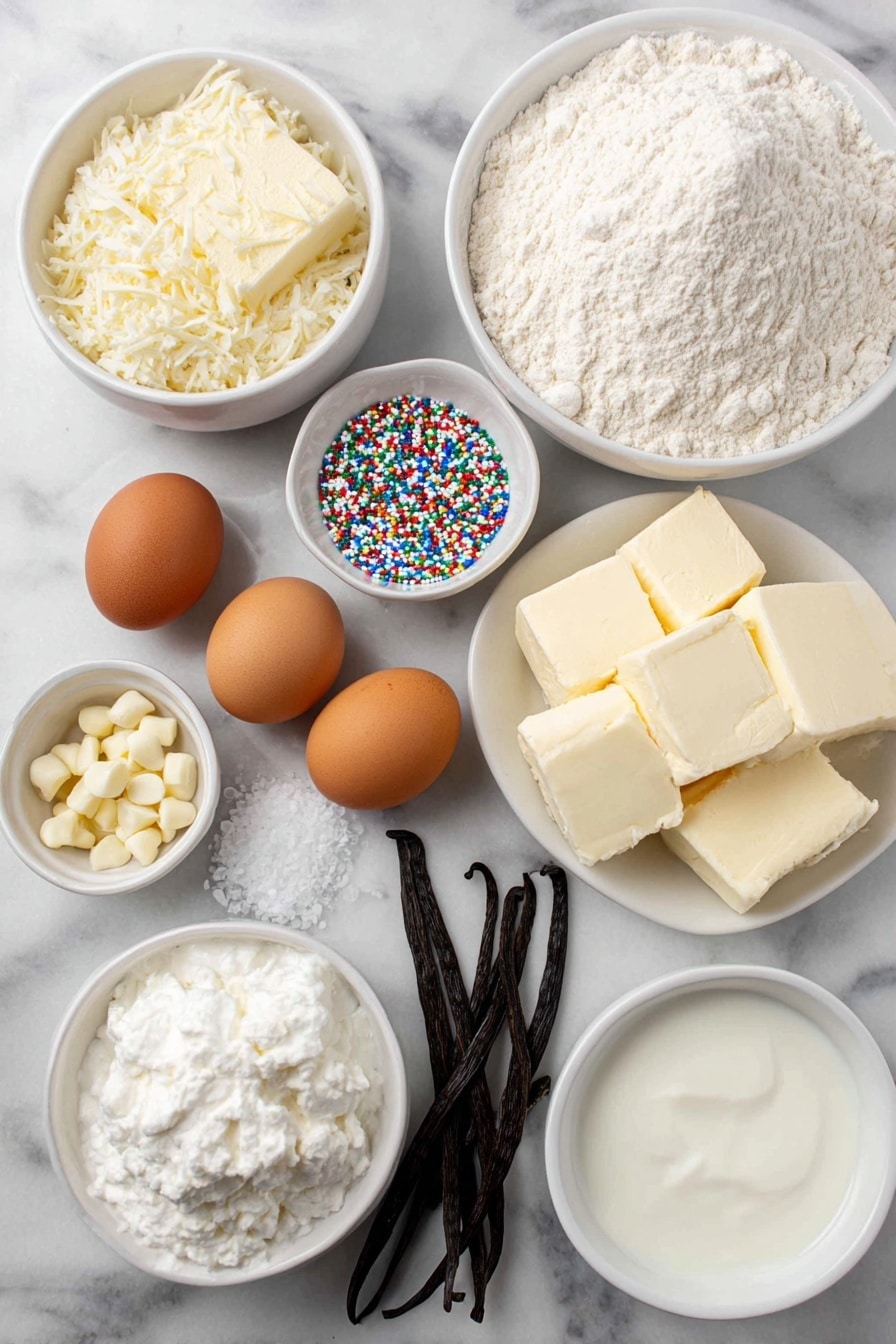 Flat lay of a small mound of all-purpose flour, a few scattered white granulated sugar crystals, a pat of soft unsalted butter, whole uncracked large brown eggs, a single egg yolk in a simple white ceramic bowl, tiny multicolored Christmas sprinkles jimmies in a small white ceramic bowl, a white ceramic bowl with thick cream cheese blocks, a small white bowl of sour cream, a small white bowl of heavy cream, a small white bowl of milk, a few white chocolate chips in a small white ceramic bowl, and a few sprigs of fresh green vanilla bean pods placed on a clean white marble surface, soft natural light, photo taken with an iPhone, professional food photography style, fresh ingredients, white ceramic bowls, no bottles, no duplicates, no utensils, no packaging --ar 2:3 --v 7 --p m7354615311229779997 - Sugar Cookie Cheesecake, sugar cookie cheesecake recipe, best sugar cookie cheesecake, easy sugar cookie cheesecake, creamy cheesecake with sugar cookies