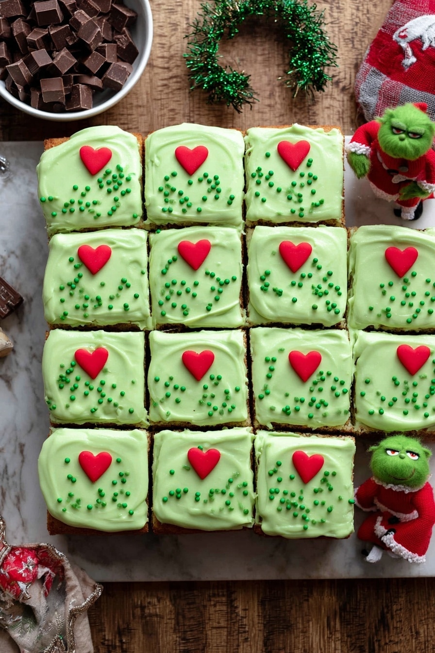 The image shows three square pieces of green cake with one piece lifted, showing its soft and spongy inside with dark chocolate spots. Each cake piece has one layer with light green smooth frosting on top, decorated with small green round sprinkles, and one red heart in the middle of the frosting on the visible piece. The cakes are placed on a white marbled surface with a blurred brown bowl filled with chopped dark and white chocolate in the background. Photo taken with an iphone --ar 2:3 --v 7 - Grinch Cake with Green Cream Cheese Frosting, holiday cake recipes, festive green cake, Christmas dessert ideas, green frosting cake
