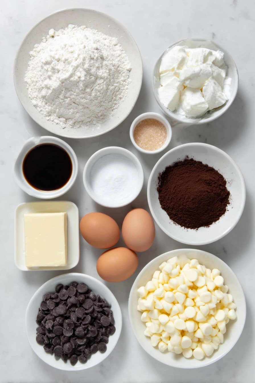 Flat lay of a small mound of all-purpose flour on a white ceramic plate, a heap of unsweetened cocoa powder on a white ceramic plate, a small white bowl of cornstarch, a small white bowl of baking soda, a small white bowl of salt, a few pats of unsalted butter, two piles of light brown and white granulated sugars on separate white ceramic plates, a small white bowl of pure vanilla extract, a small white bowl with melted semi-sweet chocolate, two whole uncracked brown eggs, a generous handful of white chocolate chips arranged neatly on a white ceramic plate, and a smaller pile of semi-sweet chocolate chips on another white ceramic plate, placed on a clean white marble surface, soft natural light, photo taken with an iPhone, professional food photography style, fresh ingredients, white ceramic bowls, no bottles, no duplicates, no utensils, no packaging --ar 2:3 --v 7 --p m7354615311229779997 - Double Chocolate White Chip Cookies, chocolate cookies with white chocolate chips, fudgy cookies recipe, soft chewy chocolate cookies, homemade chocolate cookie recipe
