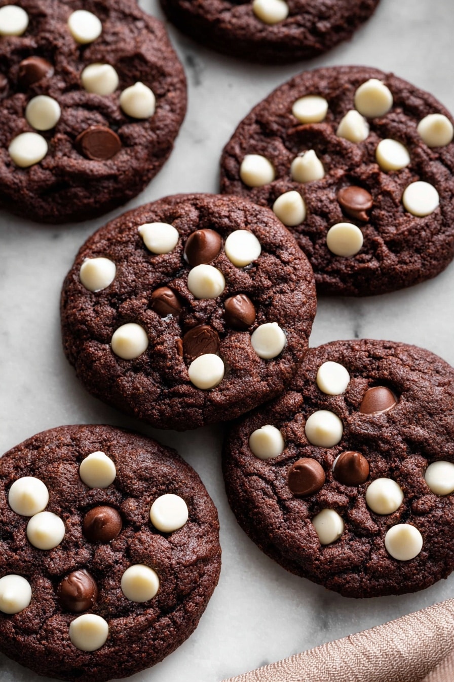 The image shows soft dark brown chocolate cookies with white and milk chocolate chips on top, placed on a textured silver baking tray. One cookie near the center is broken in half, revealing a slightly moist inside with chocolate chips embedded within. The cookies have a rough surface with visible cracks and a rich, dense texture. The background around the tray has a white marbled texture. photo taken with an iphone --ar 2:3 --v 7 - Double Chocolate White Chip Cookies, chocolate cookies with white chocolate chips, fudgy cookies recipe, soft chewy chocolate cookies, homemade chocolate cookie recipe