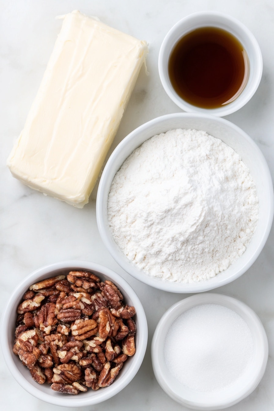 Flat lay of a small slab of unsalted butter softened to room temperature, a small white ceramic bowl filled with fine white confectioners' sugar, a small white ceramic bowl containing clear vanilla extract, a small white ceramic bowl holding all-purpose flour, a small white ceramic bowl with finely chopped fresh pecans -- all ingredients fresh and natural, neatly arranged with perfect symmetry and realistic proportions, placed on a clean white marble surface, soft natural light, photo taken with an iPhone, professional food photography style, fresh ingredients, white ceramic bowls, no bottles, no duplicates, no utensils, no packaging --ar 2:3 --v 7 --p m7354615311229779997 - Pecan Snowball Cookies, holiday cookies, buttery pecan cookies, melt-in-your-mouth cookies, easy Christmas treats