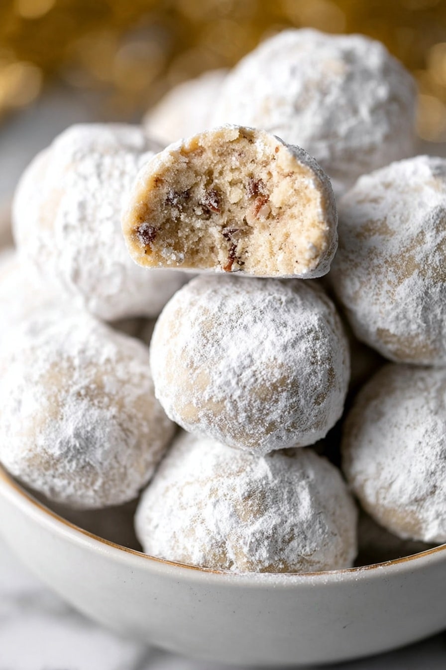 The image shows a close-up view of round, bite-size cookies covered in white powdered sugar. There is a group of these cookies stacked together in a white bowl, with one cookie held up near the center showing a bite taken out, revealing a light brown crumbly inside with small darker nut pieces. The powdered sugar coating looks soft and slightly uneven, giving the cookies a snowy look. The background has a white marbled texture. Photo taken with an iphone --ar 2:3 --v 7 - Pecan Snowball Cookies, holiday cookies, buttery pecan cookies, melt-in-your-mouth cookies, easy Christmas treats