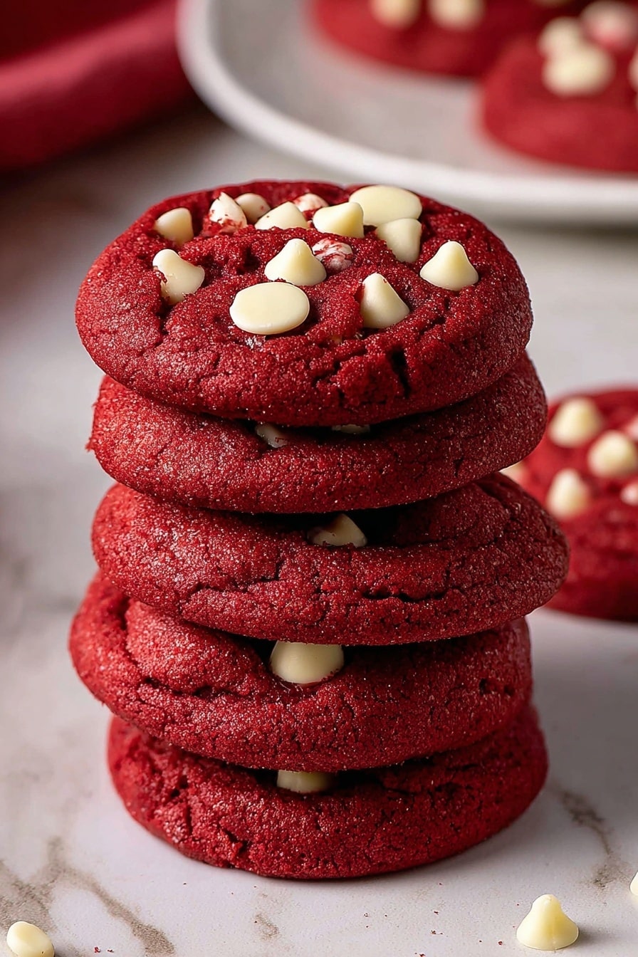 A stack of six soft red cookies is shown on a white marbled surface. Each cookie has a deep red color and a slightly uneven texture with small cracks. The top cookie is decorated with scattered pieces of white chocolate that stand out against the red base. In the background, more red cookies with similar white chocolate pieces are placed on a white plate. The overall look is warm and inviting, focusing closely on the rich red color and creamy white chocolate details, photo taken with an iphone --ar 2:3 --v 7 - Red Velvet White Chocolate Cookies, red velvet cookie recipe, white chocolate cookies, colorful cookie ideas, easy cookie recipes