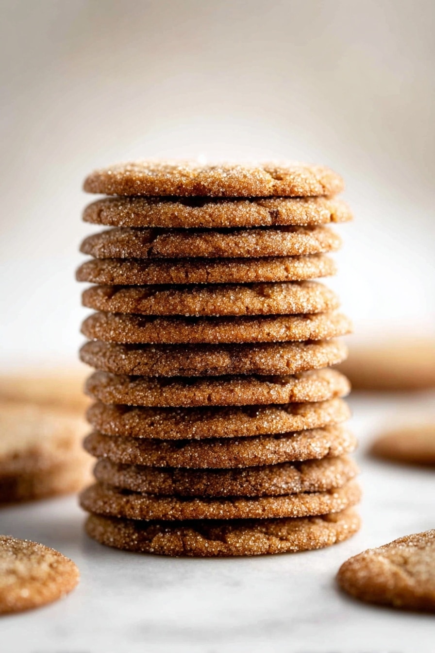 A tall stack of twelve round, thin cookies with a golden brown color and slightly rough texture is centered on a white marbled surface. The top cookie shows a soft, sugary crust sparkling in the light. Around the stack, a few more cookies lie flat, blurred and out of focus, adding depth to the image. The background is a soft white fade, which highlights the warm tones of the cookies. photo taken with an iphone --ar 2:3 --v 7 - Easy Gingersnap Cookies, ginger snap cookies, spiced cookies, holiday cookie recipe, crispy ginger cookies