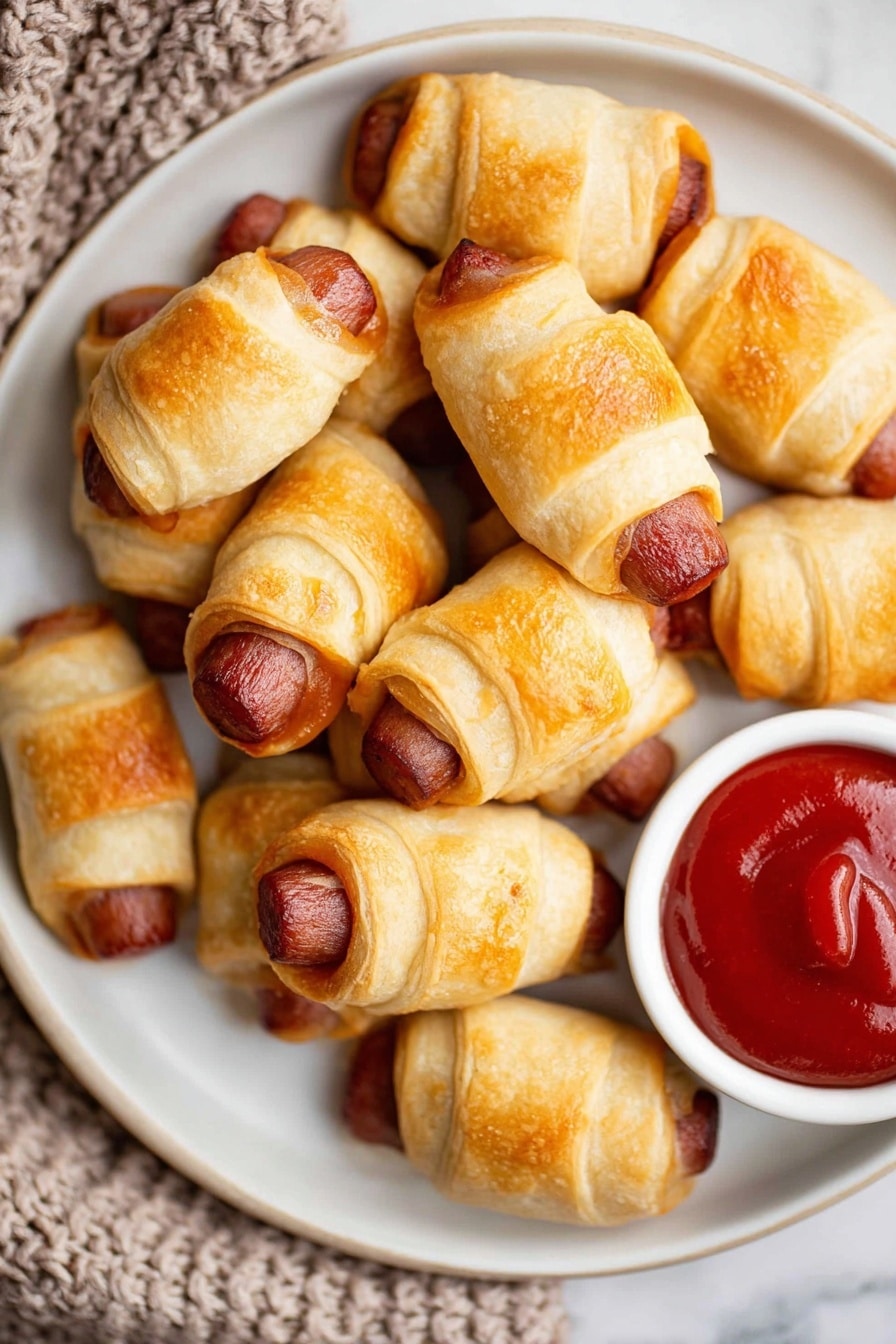 The image shows a white plate filled with small, golden brown pigs in blankets. Each piece has one layer of smooth, flaky, baked puff pastry wrapped tightly around a browned sausage, with the ends of the sausages visible. There is a small white bowl containing red dipping sauce placed on the right side of the plate. The plate is placed on a white marbled surface, and the background is softly blurred in white shades. photo taken with an iphone --ar 2:3 --v 7 - Cheddar Hot Dog Pigs in a Blanket, cheesy pigs in a blanket, easy hot dog appetizers, kids friendly snack, game day finger foods