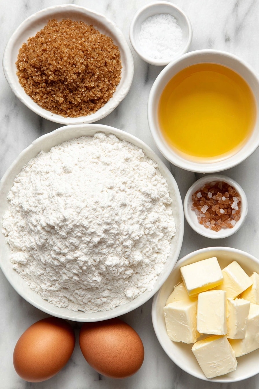 Flat lay of active dry yeast in a small mound, a small white ceramic bowl filled with clear water, salt crystals in a small white bowl, light brown granulated brown sugar in a small white bowl, a mound of all-purpose white flour, a small white bowl with melted golden butter, one whole uncracked brown egg, and flaky coarse salt crystals scattered loosely in a small white bowl, all arranged symmetrically in perfect proportions on a clean white marble surface, soft natural light, photo taken with an iPhone, professional food photography style, fresh ingredients, white ceramic bowls, no bottles, no duplicates, no utensils, no packaging --ar 2:3 --v 7 --p m7354615311229779997 - Salted Soft Pretzels, homemade pretzels, easy pretzel recipe, chewy pretzels, salty pretzels
