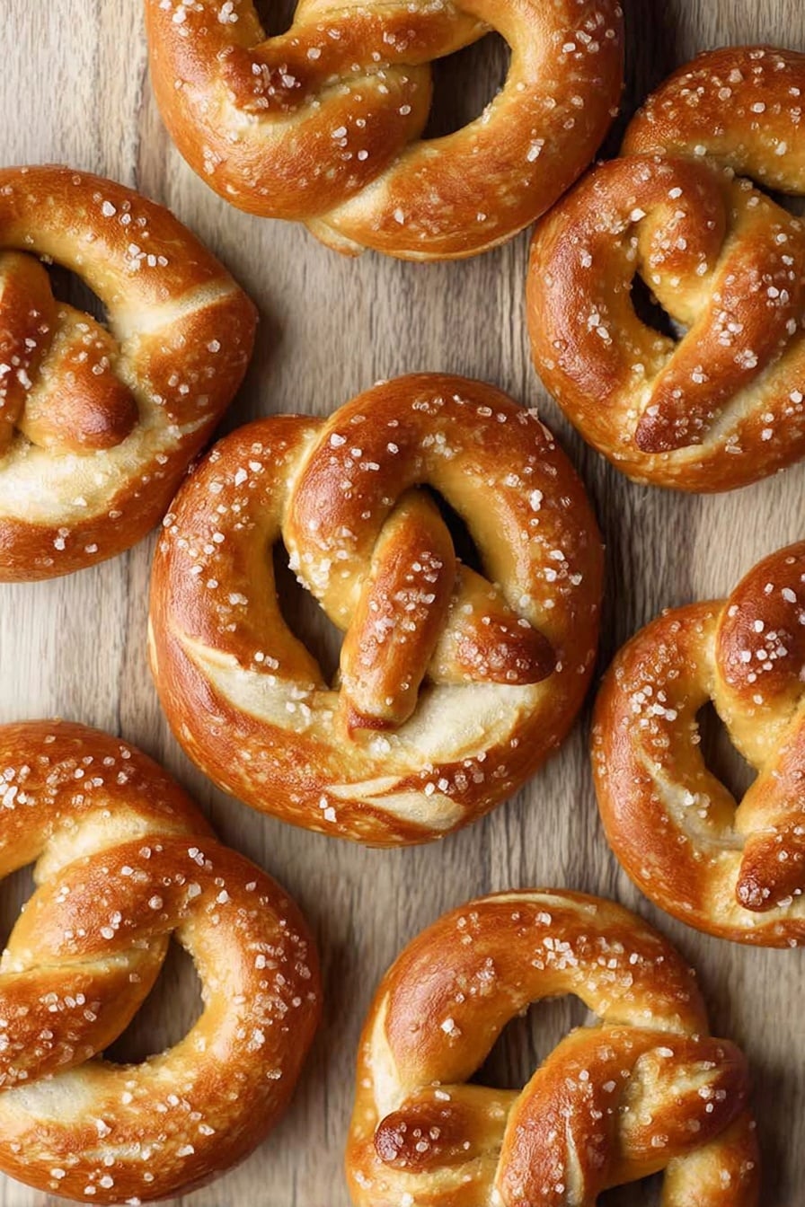 A wicker basket lined with a white cloth holds a group of golden brown soft pretzels topped with coarse salt, showing their smooth, shiny, and slightly twisted texture. One pretzel rests outside the basket on a white marbled surface, highlighting its rounded shape and glossy crust. The background is plain and softly lit, focusing attention on the warm, inviting pretzels. photo taken with an iphone --ar 2:3 --v 7 - Salted Soft Pretzels, homemade pretzels, easy pretzel recipe, chewy pretzels, salty pretzels