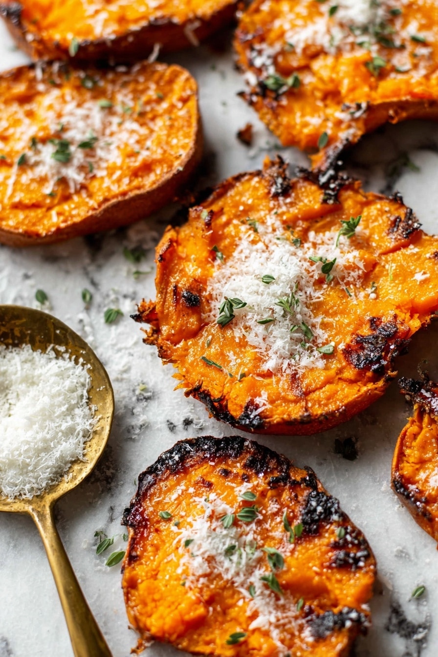 A white scalloped bowl holds one grilled sweet potato slice with deep orange color and charred edges, its surface showing grill marks and a slightly wrinkled texture. The sweet potato slice is topped with light white flakes of coarse salt and small green herb sprigs. Surrounding the bowl on a white marbled surface are several more grilled sweet potato slices with the same rich orange color, grill lines, and sprinkled coarse salt and herbs. The scene is close-up, highlighting the warm tones and rustic texture of the food. photo taken with an iphone --ar 2:3 --v 7 - Crispy Smashed Sweet Potatoes Parmesan, crispy sweet potatoes, smashed sweet potato recipe, cheesy sweet potato sides, easy sweet potato recipes