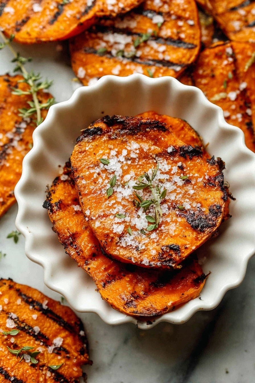 The image shows a group of grilled orange sweet potato slices arranged on a wooden board with char marks and sprinkled with white grated cheese and small green herb sprigs. In the upper right, a stack of two white plates holds two slices, each topped with cheese and herbs. A small vintage spoon with grated cheese rests among the slices. Near the lower left, there is a small white bowl containing fresh green herbs. The wooden board underneath adds a warm touch, balanced by the fresh color of the herbs and the bright orange sweet potato slices. photo taken with an iphone --ar 2:3 --v 7 - Crispy Smashed Sweet Potatoes Parmesan, crispy sweet potatoes, smashed sweet potato recipe, cheesy sweet potato sides, easy sweet potato recipes
