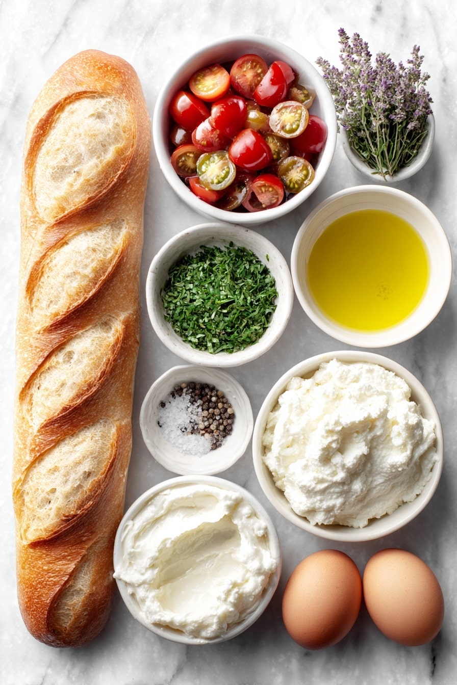 Flat lay of a sliced French baguette arranged in a neat stack, a small white bowl of diced assorted-color cherry tomatoes, a small white bowl with golden extra virgin olive oil, a small white bowl with creamy whole milk ricotta, a small white bowl containing honey, a small white bowl with finely chopped mixed fresh herbs (basil, mint, thyme, oregano, chives), a single small clove of garlic whole and unpeeled, a small white bowl with coarse sea salt, a small white bowl with ground black pepper, two whole uncracked brown eggs placed to the side, all items spaced symmetrically and balanced, placed on a clean white marble surface, soft natural light, photo taken with an iPhone, professional food photography style, fresh ingredients, white ceramic bowls, no bottles, no duplicates, no utensils, no packaging --ar 2:3 --v 7 --p m7354615311229779997 - Whipped Ricotta Crostini with Cherry Tomatoes, easy appetizer recipes, elegant party snacks, healthy appetizer ideas, quick vegan starters