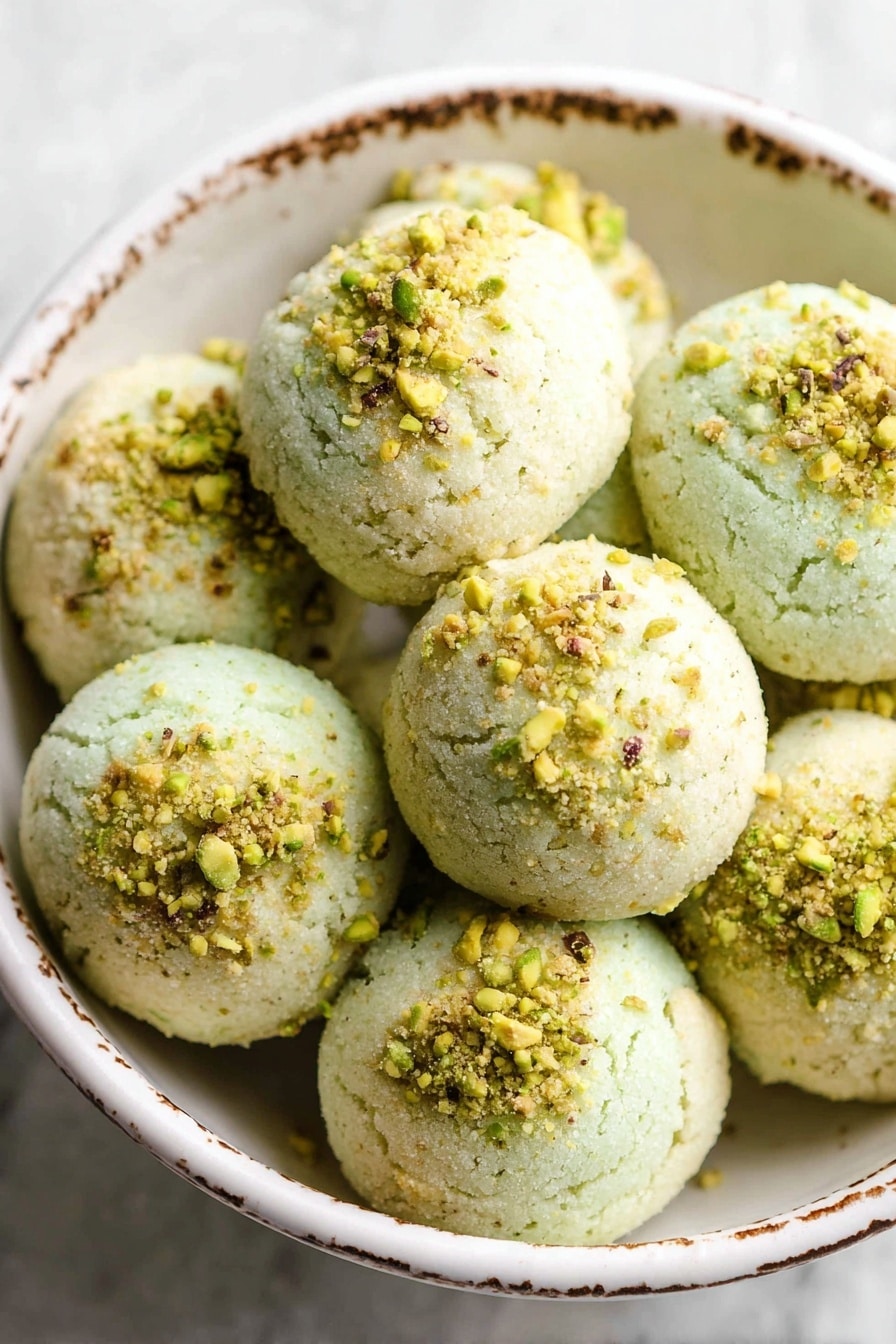 The image shows a close-up of several round, light green cookies in a white bowl with a slightly scalloped edge. Each cookie has a rough, crumbly texture and is topped with finely crushed yellow-green pistachio nuts. One cookie is broken in half and placed on top of the others, showing its moist, dense interior that matches the light green color of the outer layer. The bowl sits on a white marbled surface, with a few whole pistachios scattered nearby. The background is softly blurred, keeping the focus on the cookies. photo taken with an iphone --ar 2:3 --v 7 - Pistachio Cookies, pistachio cookies recipe, nutty cookies, homemade pistachio treats, buttery pistachio cookies