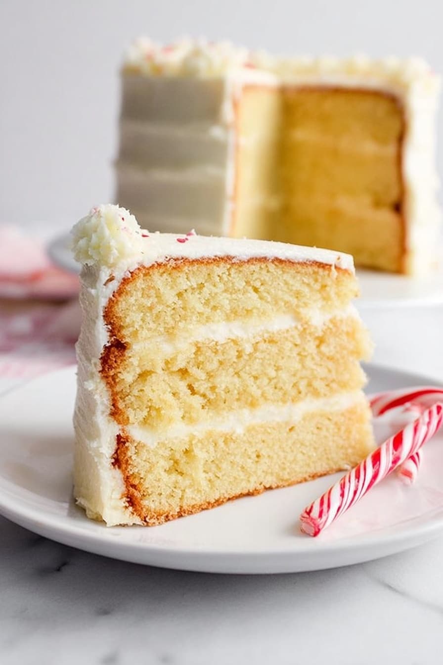 The image shows a slice of three-layer light yellow cake with white creamy filling between each layer. The cake slice has a slightly golden brown edge and is placed on a white plate, with a red and white striped candy cane resting behind it on the plate. In the background, there is the rest of the cake standing tall with white frosting and some subtle texture on the sides. The surface beneath the plate is a white marbled texture. Photo taken with an iphone --ar 2:3 --v 7 - Candy Cane Layered Cake, festive peppermint cake, holiday layered dessert, peppermint Christmas cake, layered holiday cake