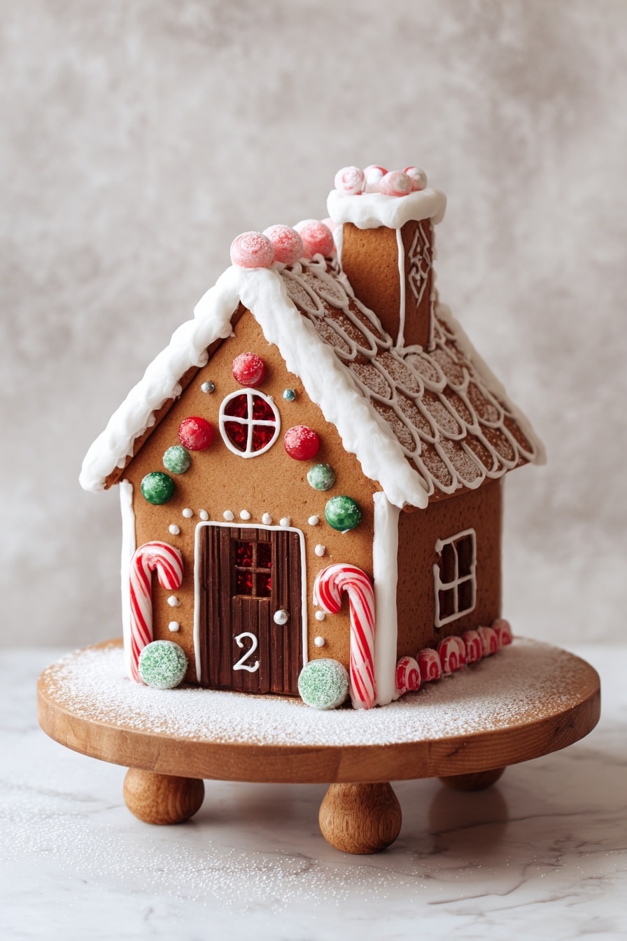 This image shows a gingerbread house with two sides visible, sitting on a round wooden stand with small round legs, placed on a white marbled surface. The house is covered with smooth brown gingerbread walls and a roof decorated with white icing in a scallop pattern, giving a snowy look. The roof edge and chimney top have thick white icing that looks like snow. The chimney is tall and covered with white icing along the edges. The front wall has two candy cane shapes with red and white stripes on either side of a brown gingerbread door, which has a small white number 