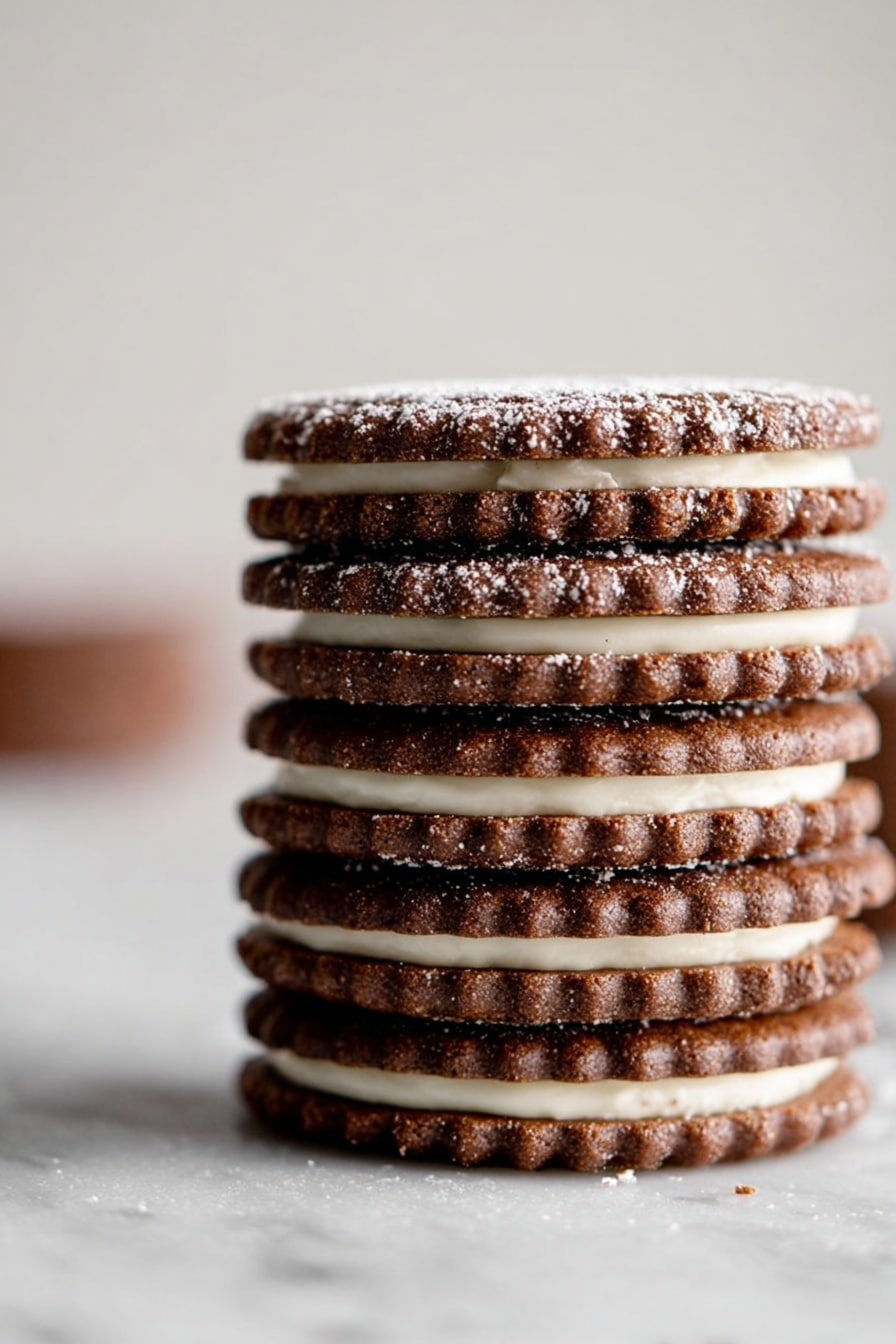 The image shows several round chocolate cookies on a white marbled surface, with some cookies topped with smooth, creamy white icing and others layered with a second cookie that has a star-shaped hole in the center, revealing the white icing inside and dusted with powdered sugar. To the right, there is a white bowl filled with more white icing and a gold spoon resting inside it. The cookies are in a scattered arrangement, highlighting the different stages of assembly and texture. The scene is softly lit, emphasizing the contrast between the dark cookies and the pale icing. photo taken with an iphone --ar 2:3 --v 7 - Gingerbread Linzer Cookies with White Chocolate, holiday cookie recipes, Christmas cookie ideas, festive cookie recipes, white chocolate gingerbread cookies