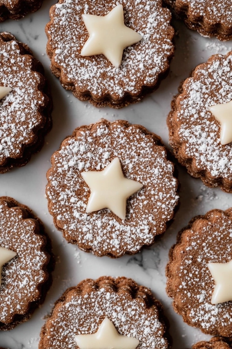 The image shows a stack of five round sandwich cookies on a white marbled surface. Each cookie has a darker brown outer layer with a ridged edge and a slightly rough texture, and between every two cookie layers there is a smooth, creamy white filling. The cookies appear soft but firm, and there is a light dusting of powdered sugar on top of the stack. The background is a soft out-of-focus light color, making the stack the main focus. Photo taken with an iphone --ar 2:3 --v 7 - Gingerbread Linzer Cookies with White Chocolate, holiday cookie recipes, Christmas cookie ideas, festive cookie recipes, white chocolate gingerbread cookies