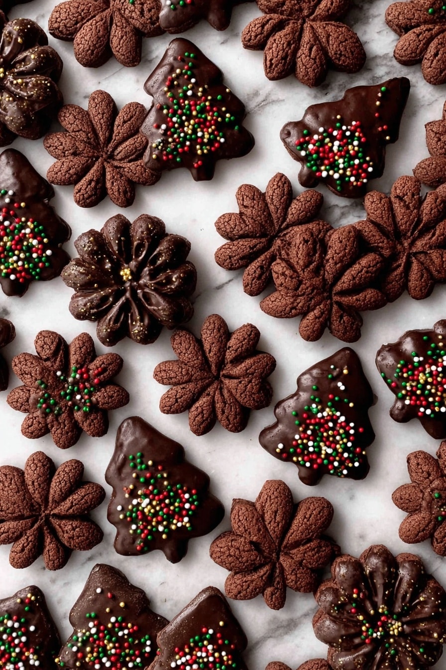 A white plate filled with three types of dark brown chocolate cookies arranged neatly. On the left and right sides are flower-shaped cookies with petal details, some partially dipped in dark chocolate and decorated with red, green, and white round sprinkles. The middle of the plate has star-shaped cookies with pointed edges, half covered in dark chocolate and sprinkled with multicolored round sprinkles. In the center and right are small round twisted cookies drizzled with dark chocolate and some dipped halfway with golden square sprinkles. The plate is on a white marbled surface with a beige textured cloth next to it. Photo taken with an iphone --ar 2:3 --v 7 - Chocolate Spritz Cookies with Chocolate Drizzle, chocolate spritz cookies, chocolate cookies, spritz cookie recipes, chocolate treats
