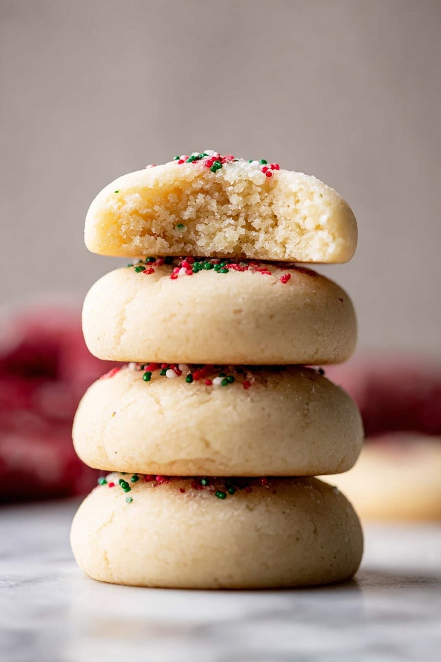 The image shows a white round tin with a winter scene painted on its side, filled with light beige soft cookies stacked on top of each other. Each cookie has three small, parallel, shallow indentations across the top and is decorated with small red and green round sprinkles scattered mainly along the indent lines. The cookies have a soft, slightly cracked texture and are placed on a beige fabric inside the tin. The background features a white marbled texture with a blurry red cloth visible in the far background. photo taken with an iphone --ar 2:3 --v 7 - Whipped Shortbread Cookies, melt-in-your-mouth shortbread, buttery cookies recipe, fluffy shortbread dough, holiday cookie recipes