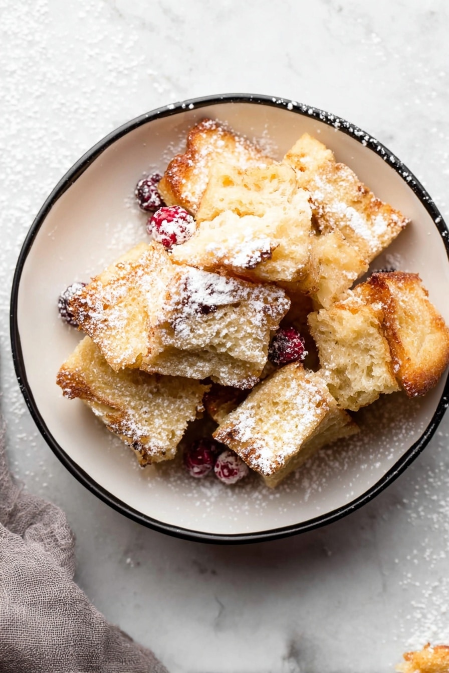 A white bowl with a black rim holds several pieces of light golden brown fried bread chunks layered loosely, some with soft airy texture and some with a crispier crust, sprinkled with white powdered sugar on top. Tiny bits of red berries peek through the layers. The bowl is placed on a white marbled textured surface, with a small part of a gray cloth visible in the corner. Photo taken with an iphone --ar 2:3 --v 7 - Gingerbread French Toast Casserole, holiday breakfast casserole, make-ahead breakfast ideas, cozy holiday morning recipes, spiced breakfast bake
