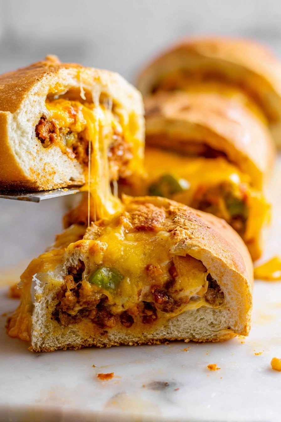 A close-up image of a woman’s hand holding a sliced, stuffed bread roll with three visible layers: a soft, browned exterior crust, a dense middle layer of cooked ground meat, and a top layer of bright yellow egg mixed with bits of green and orange vegetables. The bread roll is being dipped into a small white bowl filled with chunky red tomato sauce. The background features pieces of the same stuffed bread and is set on a white marbled surface. Photo taken with an iphone --ar 2:3 --v 7 - Breakfast Stromboli with Eggs and Bacon, breakfast stromboli recipe, hearty breakfast brunch ideas, easy breakfast recipes, savory breakfast roulade
