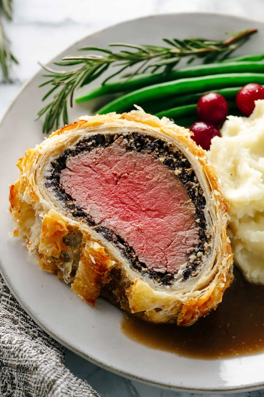 A thick slice of Beef Wellington sits on a white plate with a white marbled surface background. The dish has three layers: a pink, juicy center of cooked beef, surrounded by a dark, finely textured mushroom mix, and wrapped in a golden-brown flaky pastry crust. Next to it, there is a serving of creamy white mashed potatoes topped with thick, dark brown gravy, and fresh green snap peas placed beside the potatoes. Garnishing the plate at the top are sprigs of rosemary and two small red grapes. Photo taken with an iphone --ar 2:3 --v 7 - Beef Wellington, Beef Wellington with Mushroom Duxelles, elegant beef dish, holiday dinner ideas, gourmet beef recipes