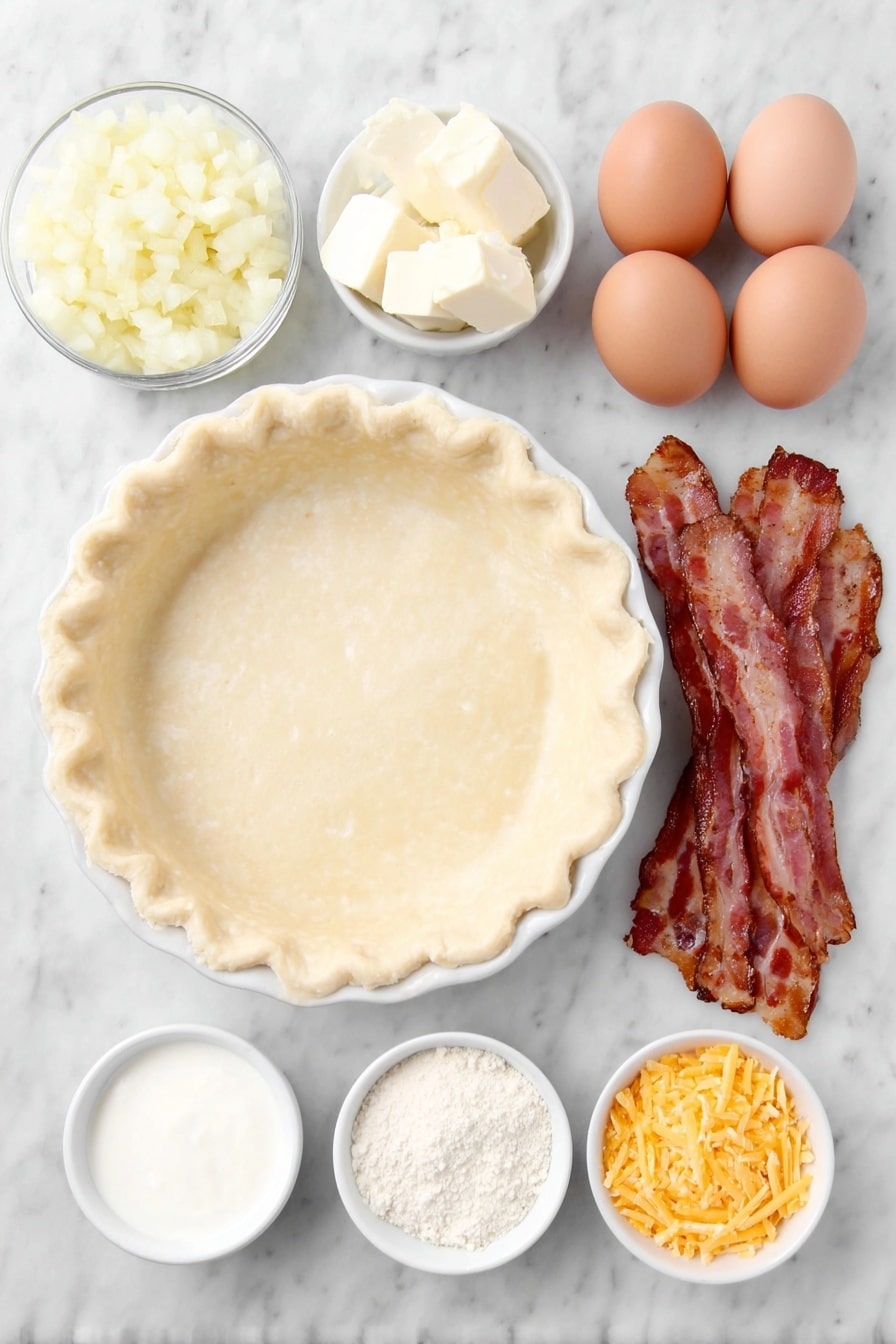 Flat lay of a golden 9-inch unbaked pie crust in a simple white ceramic pie dish, a small mound of freshly diced yellow onions, a few tablespoons of unsalted butter, seven large whole brown eggs with clean shells, a small white bowl of fresh milk, a small white bowl of heavy cream, a small white bowl with coarse sea salt, a small white bowl with ground black pepper, a small white bowl of garlic powder, ten cooked crispy bacon strips arranged neatly, and a small pile of shredded bright orange cheddar cheese, all arranged with perfect symmetry and balanced proportions, placed on a clean white marble surface, soft natural light, photo taken with an iPhone, professional food photography style, fresh ingredients, white ceramic bowls, no bottles, no duplicates, no utensils, no packaging --ar 2:3 --v 7 --p m7354615311229779997 - Cowboy Bacon Onion Quiche, savory brunch ideas, hearty breakfast recipes, bacon and onion quiche, cheesy egg quiche