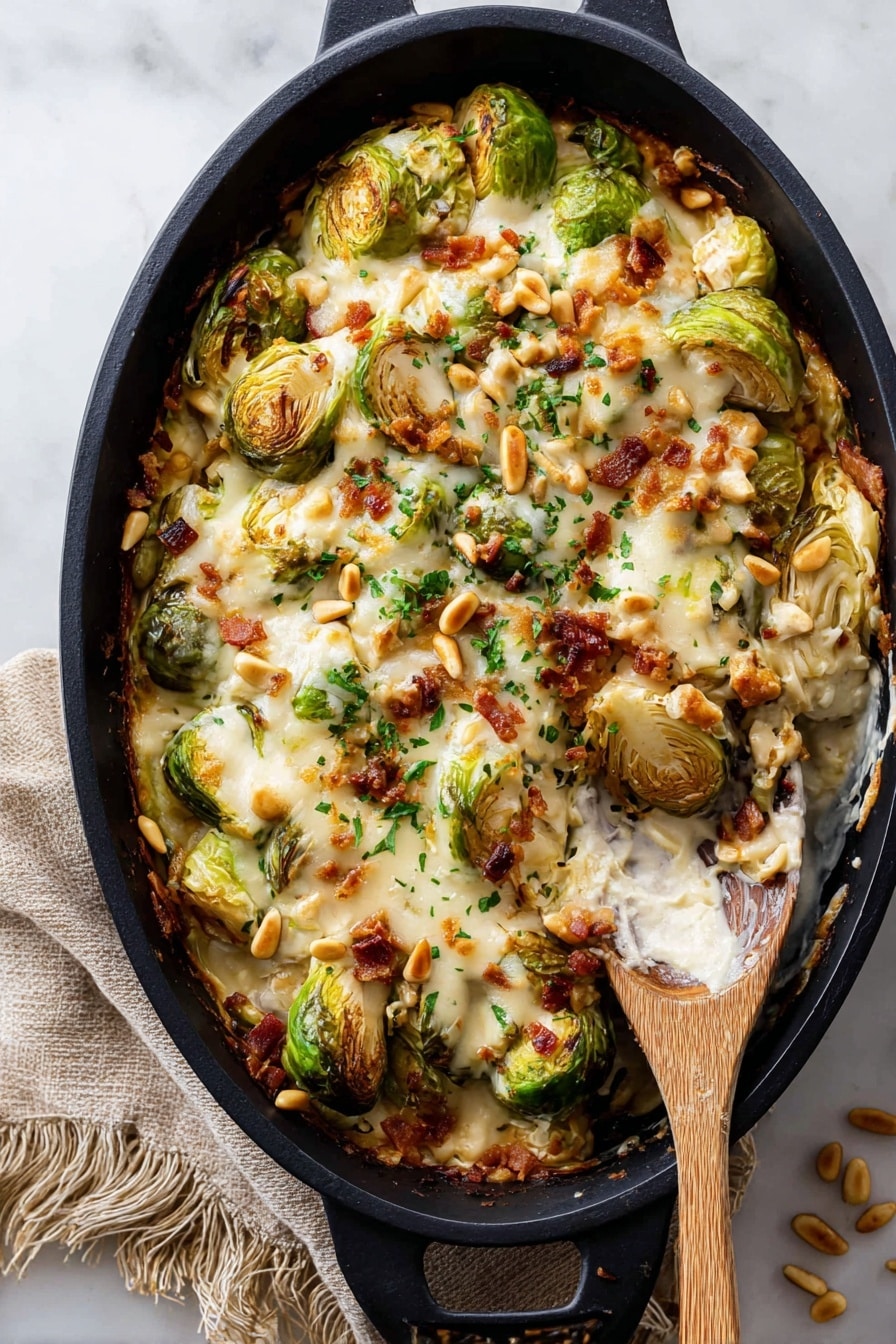 The image shows a close-up of a round black baking dish filled with a layered casserole. The top layer is melted cheese, golden and bubbly in some spots, sprinkled with small green herbs. Underneath are roasted Brussels sprouts, light green with browned edges, mixed with bits of cooked chicken in light brown and white tones. Some pine nuts are scattered throughout, adding small pale beige spots. A wooden spoon lifts a serving, showing the gooey melted cheese stretching between the dish and the spoon, highlighting the mix of textures and colors in the layers. The dish sits on a white marbled surface with a beige cloth nearby. photo taken with an iphone --ar 2:3 --v 7 - Cheesy Brussels Sprouts Casserole with Bacon, Brussels Sprouts Bacon Bake, Easy Brussels Sprouts Casserole, holiday Brussels Sprouts Side Dish, cheesy Brussels Sprouts recipe