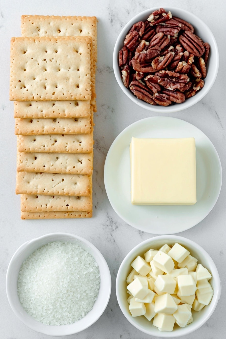 Flat lay of a neat stack of fresh, crisp saltine crackers arranged in a small pile, a square of unsalted butter with smooth creamy texture placed on a white ceramic plate, a small white bowl filled with sparkling granulated sugar crystals, a small white bowl holding roughly chopped pecan halves with natural rich brown tones, and a small white bowl with glossy white chocolate wafers, all symmetrically arranged with balanced spacing, placed on a clean white marble surface, soft natural light, photo taken with an iPhone, professional food photography style, fresh ingredients, white ceramic bowls, no bottles, no duplicates, no utensils, no packaging --ar 2:3 --v 7 --p m7354615311229779997 - White Chocolate Pecan Toffee, White Chocolate Pecan Toffee Recipe, Easy Toffee with White Chocolate and Pecans, Salted Toffee Bars, Holiday Toffee Treats