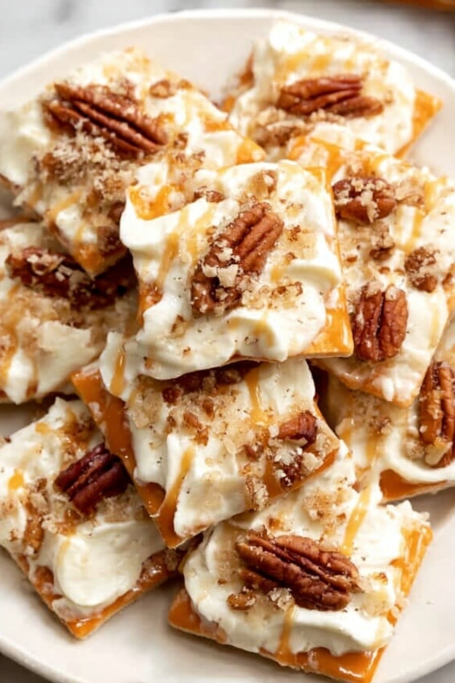 The image shows a close-up of square crackers layered on a white plate on a white marble surface. Each cracker is topped with a thick layer of white cream, piled generously in a swirled texture. Over the cream, small pieces of brown pecans are scattered, adding a rough and crunchy texture. A light caramel drizzle is spread unevenly across the top, adding a touch of shine and a warm amber color. The arrangement of crackers is close together, showing multiple pieces in the frame. photo taken with an iphone --ar 2:3 --v 7 - White Chocolate Pecan Toffee, White Chocolate Pecan Toffee Recipe, Easy Toffee with White Chocolate and Pecans, Salted Toffee Bars, Holiday Toffee Treats