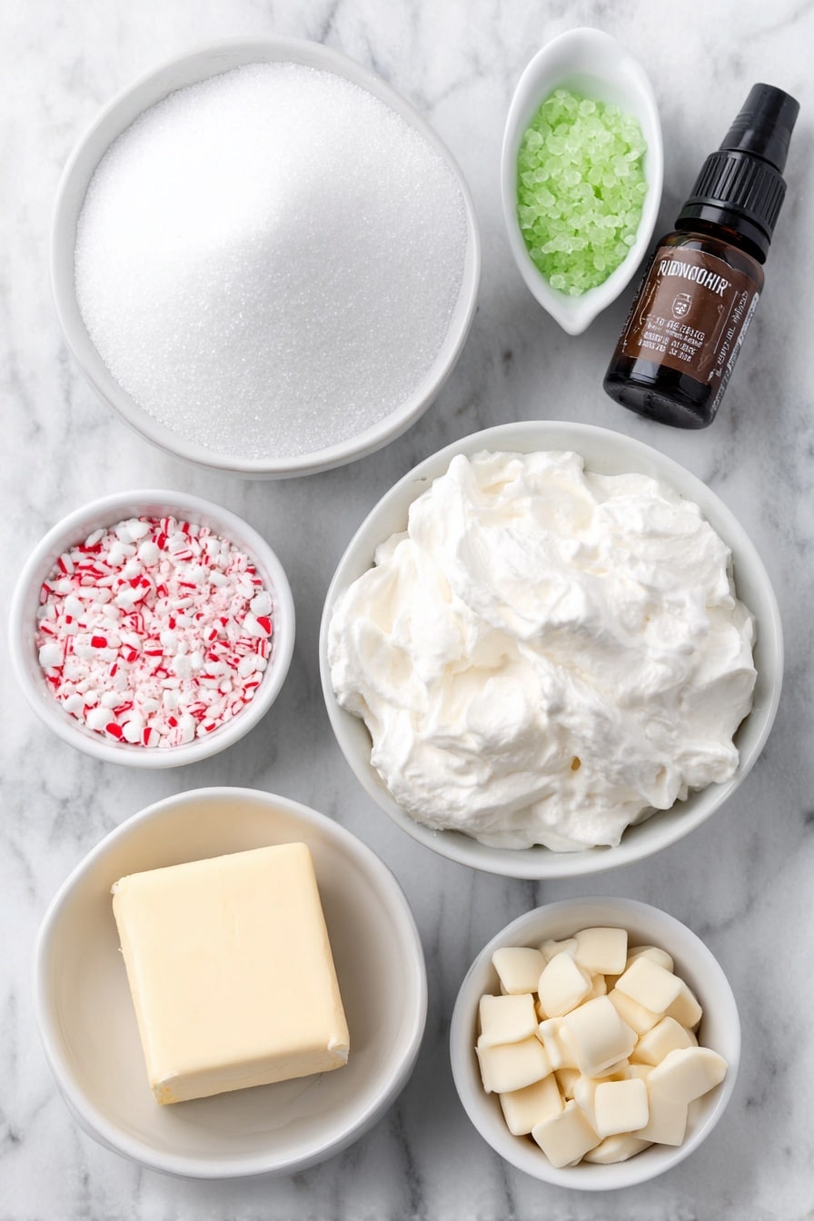 Flat lay of a small mound of granulated sugar, a small white bowl filled with heavy cream, a chunk of unsalted butter, a pinch of salt scattered on the surface, a small white bowl holding white chocolate morsels, a small white bowl with creamy marshmallow fluff, a small white bowl containing clear peppermint extract, a small white bowl with vivid green gel food coloring, a small white bowl of green sugar crystals, and a small white bowl with red heart-shaped sprinkles, all arranged in perfect symmetry on a clean white marble surface, soft natural light, photo taken with an iPhone, professional food photography style, fresh ingredients, white ceramic bowls, no bottles, no duplicates, no utensils, no packaging --ar 2:3 --v 7 --p m7354615311229779997 - Grinch Peppermint Fudge, peppermint fudge recipe, holiday fudge, festive peppermint treats, green peppermint fudge