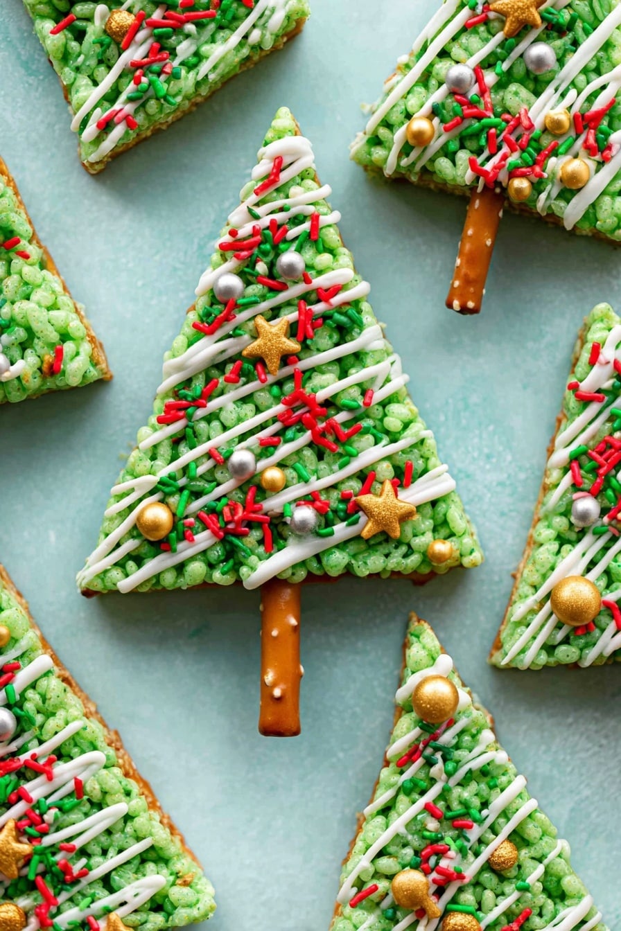 The image shows several triangular green rice treats shaped like Christmas trees, each one with a light brown pretzel stick at the bottom acting as the tree trunk. The rice treats have a slightly bumpy texture and are coated with white icing drizzled in diagonal lines across the surface. They are decorated with colorful sprinkles that include red and green strands, small white flowers, gold balls, silver balls, and gold star shapes, giving a festive look to each tree. The treats are placed on a light blue surface with a soft look. photo taken with an iphone --ar 2:3 --v 7 - Christmas Tree Rice Krispie Treats, Festive Rice Krispie treats, Christmas dessert ideas, holiday treats for kids, easy Christmas snacks
