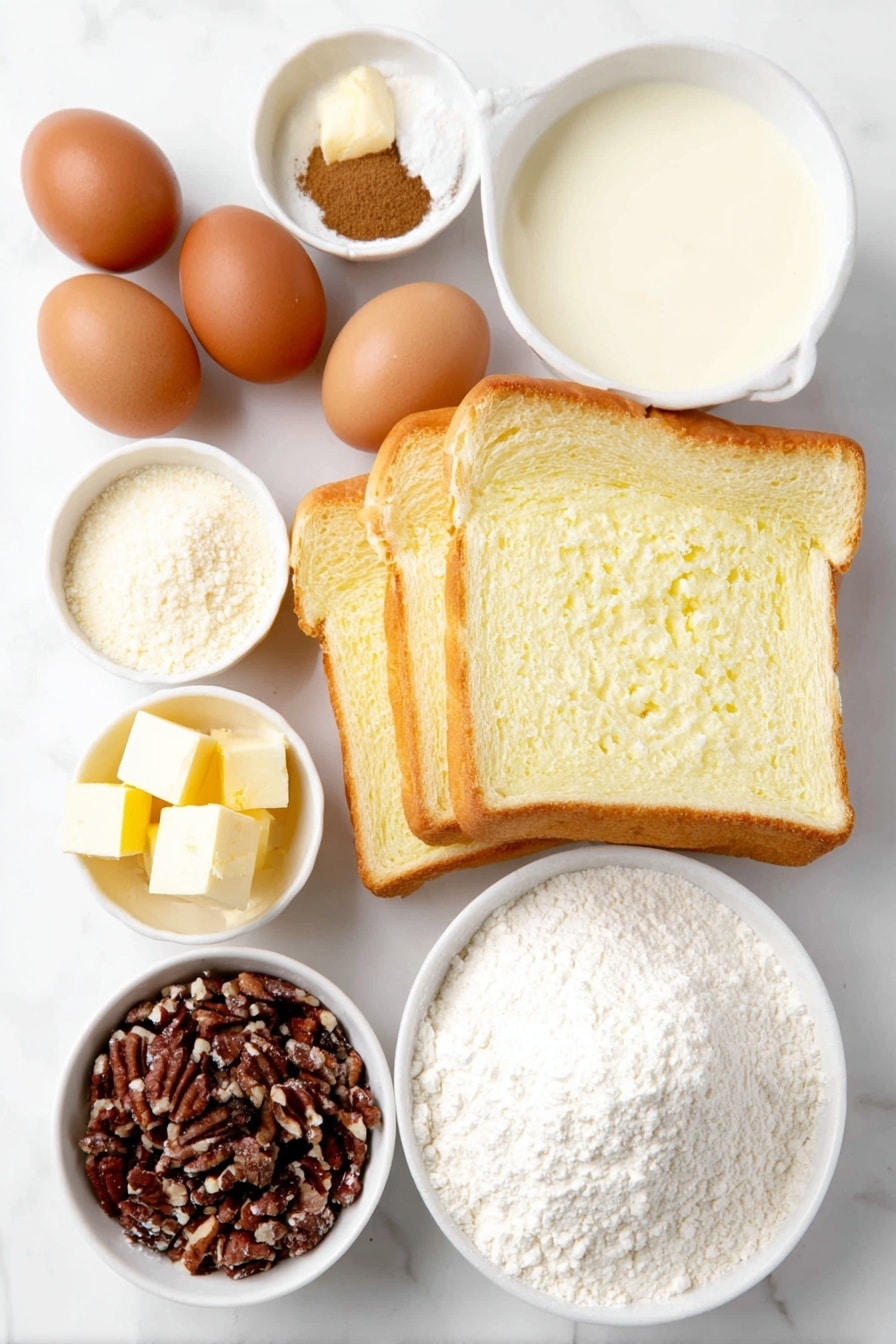 Flat lay of a sliced loaf of Texas Toast bread cubed, five whole brown eggs with clean shells, a small white bowl filled with creamy eggnog, a small white bowl of fresh milk, a small white bowl with golden rum flavoring, a small white bowl of ground cinnamon powder, a small white bowl of ground nutmeg, a small white bowl containing melted unsalted butter, a small white bowl heaped with packed light brown sugar, and a small white bowl with roughly chopped pecans placed in perfect symmetry on a clean white marble surface, soft natural light, photo taken with an iPhone, professional food photography style, fresh ingredients, white ceramic bowls, no bottles, no duplicates, no utensils, no packaging --ar 2:3 --v 7 --p m7354615311229779997 - Eggnog French Toast Casserole, holiday breakfast recipes, festive brunch ideas, easy holiday breakfast, eggnog breakfast casserole