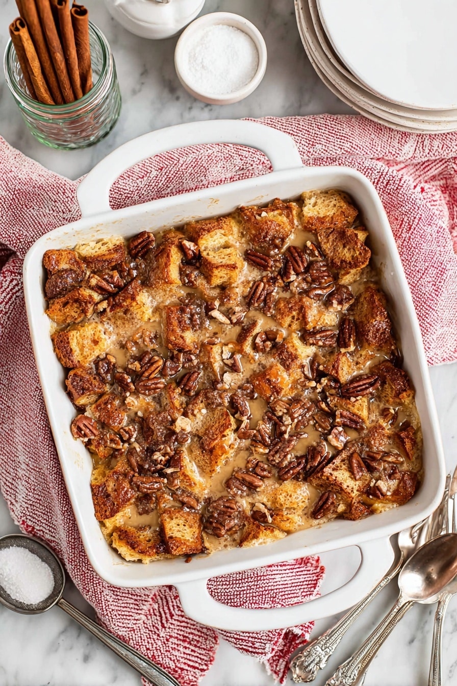 The image shows thick square pieces of bread pudding with three visible layers on a white plate. The bottom layer is a soft, pale light yellow bread and custard mix with a moist texture. The middle layer contains swirls of cinnamon brown lines that run through the bread in a marbled effect. The top layer is a crunchy, golden-brown pecan nut topping sprinkled with white powdered sugar, giving a light dusting on the surface. In the background, there is a white baking dish filled with more bread pudding of the same three-layer look and more pecans on top. The scene is set on a white marbled surface with a red and white striped cloth nearby and a silver fork placed beside the closest plate. photo taken with an iphone --ar 2:3 --v 7 - Eggnog French Toast Casserole, holiday breakfast recipes, festive brunch ideas, easy holiday breakfast, eggnog breakfast casserole