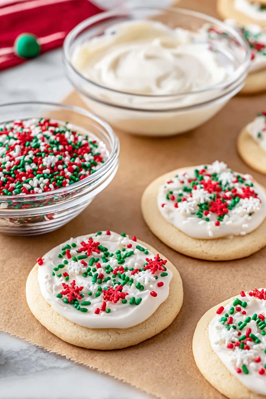 A group of round sugar cookies with a light golden-brown color sits on a metal cooling rack over a white marbled surface. Each cookie has one thick layer of smooth white icing spread across the top. On top of the icing, there are sprinkles in red, green, and white colors, including small snowflake-shaped sprinkles and tiny round and rod-shaped sprinkles, creating a festive look. The cookies are close together, showing different sprinkle patterns on each one. photo taken with an iphone --ar 2:3 --v 7 - Festive White Chocolate Shortbread Cookies, White Chocolate Shortbread Cookies, Holiday Shortbread Cookies, Easy Shortbread Cookies, Christmas Cookies