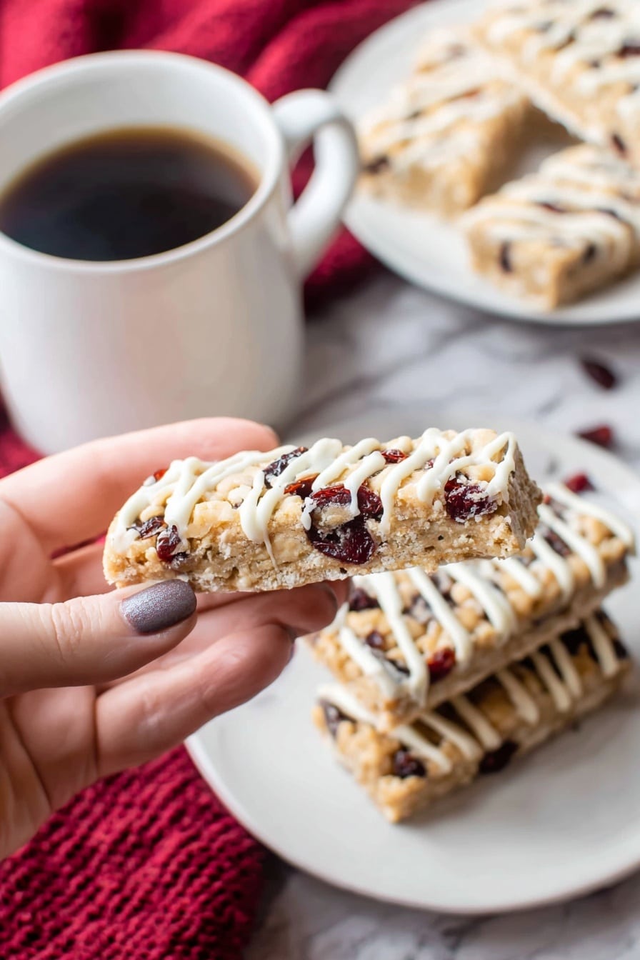 A close-up of a woman's hand holding a triangular bar with three visible layers: a thick, light golden base with a crumbly texture, dark red dried fruit pieces embedded near the edges, and thin white icing drizzled on top in a zigzag pattern. Below, a white plate holds two similar bars stacked with dried fruit and white icing visible. In the blurred background, a white cup filled with dark coffee and a white bowl with more bars appear on a white marbled surface with a red textured cloth underneath. photo taken with an iphone --ar 2:3 --v 7 - Cranberry White Chocolate Shortbread Bars, cranberry shortbread bars, white chocolate cranberry dessert, tart and sweet holiday treat, easy shortbread bars