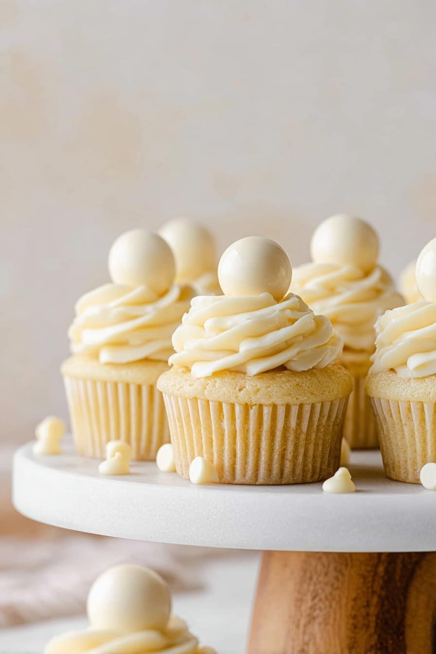 The image shows a vanilla cupcake with three layers: the bottom layer is a soft, light beige cake with a moist texture, the middle layer is a creamy white filling inside the cupcake, and the top layer is a thick, fluffy white whipped cream swirl. On top of the whipped cream is a smooth white chocolate ball sitting in a white cupcake liner with ruffled edges. The cupcake is placed on a light brown surface scattered with many small white chocolate chips around it, and the background has a white marbled texture. Photo taken with an iphone --ar 2:3 --v 7 - White Chocolate Cupcakes, White Chocolate Cupcakes Recipe, Moist White Chocolate Cupcakes, Easy White Chocolate Cupcakes, Best White Chocolate Cupcakes