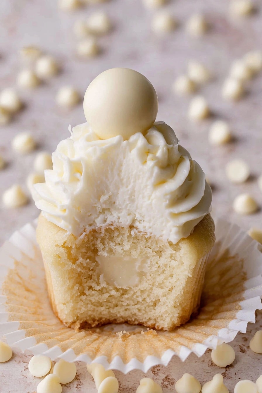 The image shows several light yellow cupcakes on a white marble cake stand with a wooden base. Each cupcake has one layer of soft, creamy white frosting swirled in a smooth, round shape on top. On top of the frosting, there is a single round white chocolate ball placed in the center. Around the base of the cupcakes on the cake stand, small white chocolate chips are scattered. The background is a soft, light neutral color with a subtle texture. The photo taken with an iphone --ar 2:3 --v 7 - White Chocolate Cupcakes, White Chocolate Cupcakes Recipe, Moist White Chocolate Cupcakes, Easy White Chocolate Cupcakes, Best White Chocolate Cupcakes