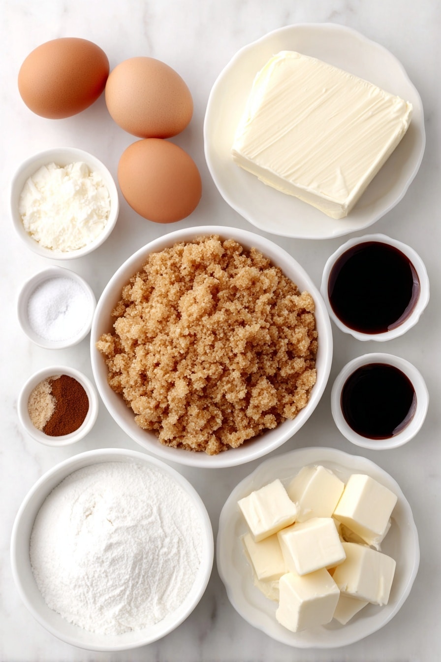 Flat lay of three cups of finely crumbled golden gingersnap cookies in a simple white ceramic bowl, a small white bowl with melted golden unsalted butter, a block of smooth cream cheese, a small white bowl of white granulated sugar, a small white bowl of thick sour cream, a small white bowl with heavy cream, a small white bowl of dark glossy molasses, a small white bowl with ground cinnamon, a small white bowl with ground ginger, a small white bowl with ground nutmeg, four whole large brown eggs with clean shells, a small white bowl of white granulated sugar for caramel, small cubes of pale yellow unsalted butter on a white ceramic plate, a small white bowl with heavy cream for caramel, and a small white bowl with fine white salt, all arranged in perfect symmetry on a clean white marble surface, soft natural light, photo taken with an iPhone, professional food photography style, fresh ingredients, white ceramic bowls, no bottles, no duplicates, no utensils, no packaging --ar 2:3 --v 7 --p m7354615311229779997 - Gingerbread Cheesecake with Salted Caramel, festive cheesecake recipes, holiday dessert ideas, cozy winter cheesecake, easy gingerbread dessert