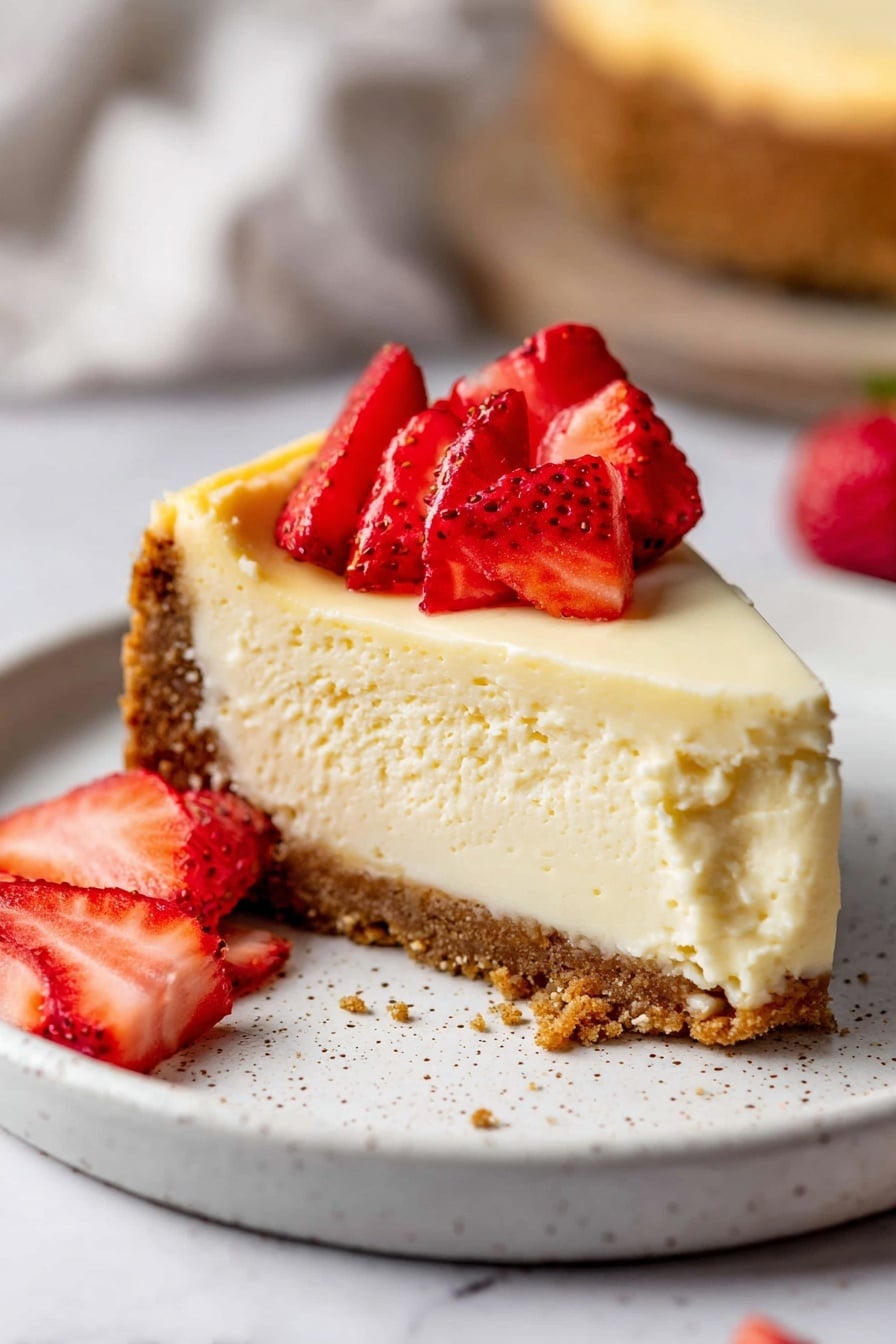 A cheesecake with three layers sits on a white plate on a white marbled surface. The bottom layer is a thick, golden-brown crust that looks crunchy. Above it is a smooth, creamy light-yellow cheesecake layer, which is thick and even. The top layer is a pile of fresh red strawberry pieces that are cut into halves and quarters, covering the cheesecake thickly. Around the plate, there are more scattered strawberry pieces, adding a fresh and colorful touch. The background is a soft beige, giving a warm tone to the image. photo taken with an iphone --ar 2:3 --v 7 - No-Bake Gluten Free Cheesecake, gluten-free cheesecake, easy no-bake dessert, dairy-free cheesecake, healthy gluten free dessert