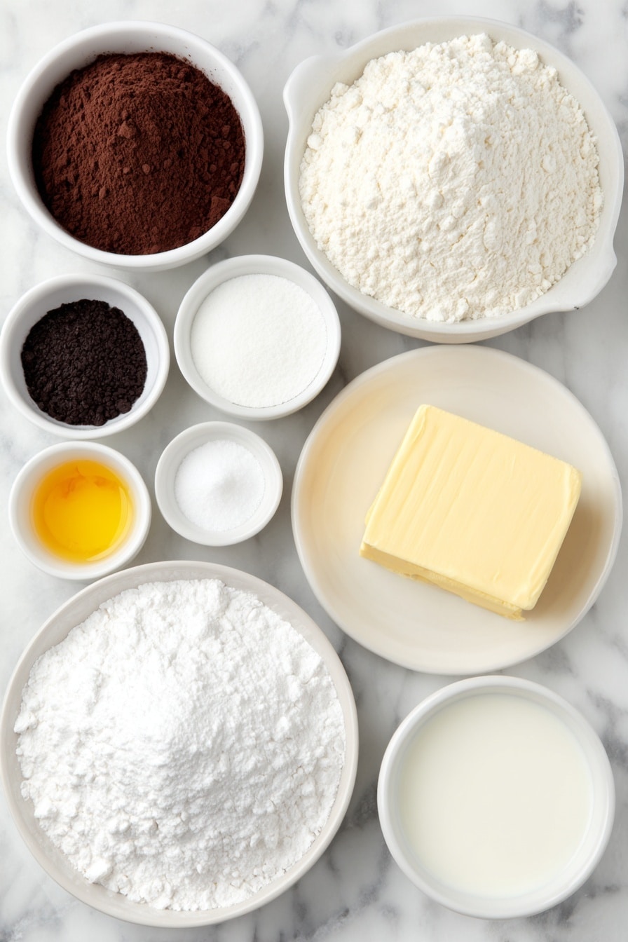 Flat lay of 3 cups all-purpose flour in a small white ceramic bowl, 1/4 cup unsweetened cocoa powder in a separate small white ceramic bowl, 1 3/4 cups white granulated sugar in a small white ceramic bowl, 1 teaspoon baking soda in a small white ceramic bowl, 1/2 teaspoon baking powder in a small white ceramic bowl, 1 teaspoon salt in a small white ceramic bowl, 1 cup canola oil in a small white ceramic bowl, 1 1/4 cups buttermilk in a small white ceramic bowl, 3 whole large eggs with clean shells arranged neatly, 3/4 teaspoon white vinegar in a small white ceramic bowl, 2 teaspoons pure vanilla extract in a small white ceramic bowl, 1/4 cup sour cream in a small white ceramic bowl, 1 1/2 teaspoons bright red gel food coloring on a white ceramic dish, 4 ounces cream cheese block resting on a simple white ceramic plate, 1 1/2 cups powdered sugar in a small white ceramic bowl, 3 to 4 tablespoons milk in a small white ceramic bowl all arranged with perfect symmetry and balanced proportions, placed on a clean white marble surface, soft natural light, photo taken with an iPhone, professional food photography style, fresh ingredients, white ceramic bowls, no bottles, no duplicates, no utensils, no packaging --ar 2:3 --v 7 --p m7354615311229779997 - Red Velvet Bundt Cake with Cream Cheese Glaze, moist red velvet cake, easy Bundt cake recipe, festive holiday dessert, cream cheese glaze dessert
