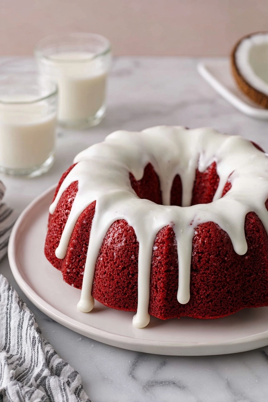 A soft slice of red velvet cake with one visible layer of deep red, moist sponge topped with a smooth, thick layer of white cream frosting. The slice rests on a white plate with a scalloped edge, showing a small piece cut out and held by a silver fork with detailed handle on the right side. In the background, there is another piece of red velvet cake on a similar white scalloped plate and a round glass filled with white milk, all placed on a white marbled surface. Photo taken with an iphone --ar 2:3 --v 7 - Red Velvet Bundt Cake with Cream Cheese Glaze, moist red velvet cake, easy Bundt cake recipe, festive holiday dessert, cream cheese glaze dessert