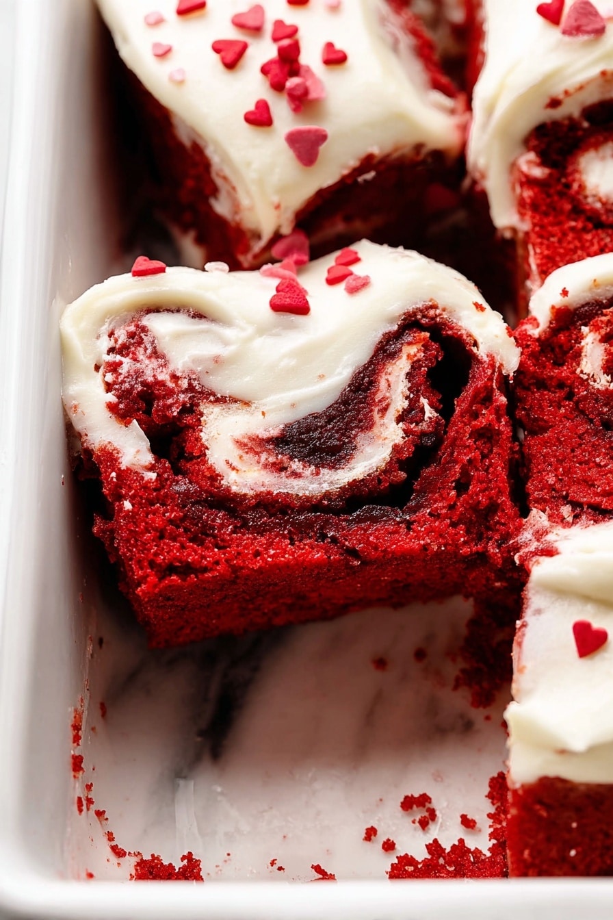 A close-up view of broken red velvet cinnamon roll pieces arranged inside a white rectangular baking dish, showing three distinct layers: a bright red cake layer with a soft, spongy texture; a shiny, dark red filling swirled inside; and a smooth white cream cheese frosting on top, decorated with small red heart-shaped sprinkles scattered over the frosting and edges, all set against a white marbled background. photo taken with an iphone --ar 2:3 --v 7 - Red Velvet Cinnamon Rolls, red velvet cinnamon roll recipe, fluffy cinnamon rolls with red velvet, chocolate cinnamon rolls, easy red velvet breakfast treats