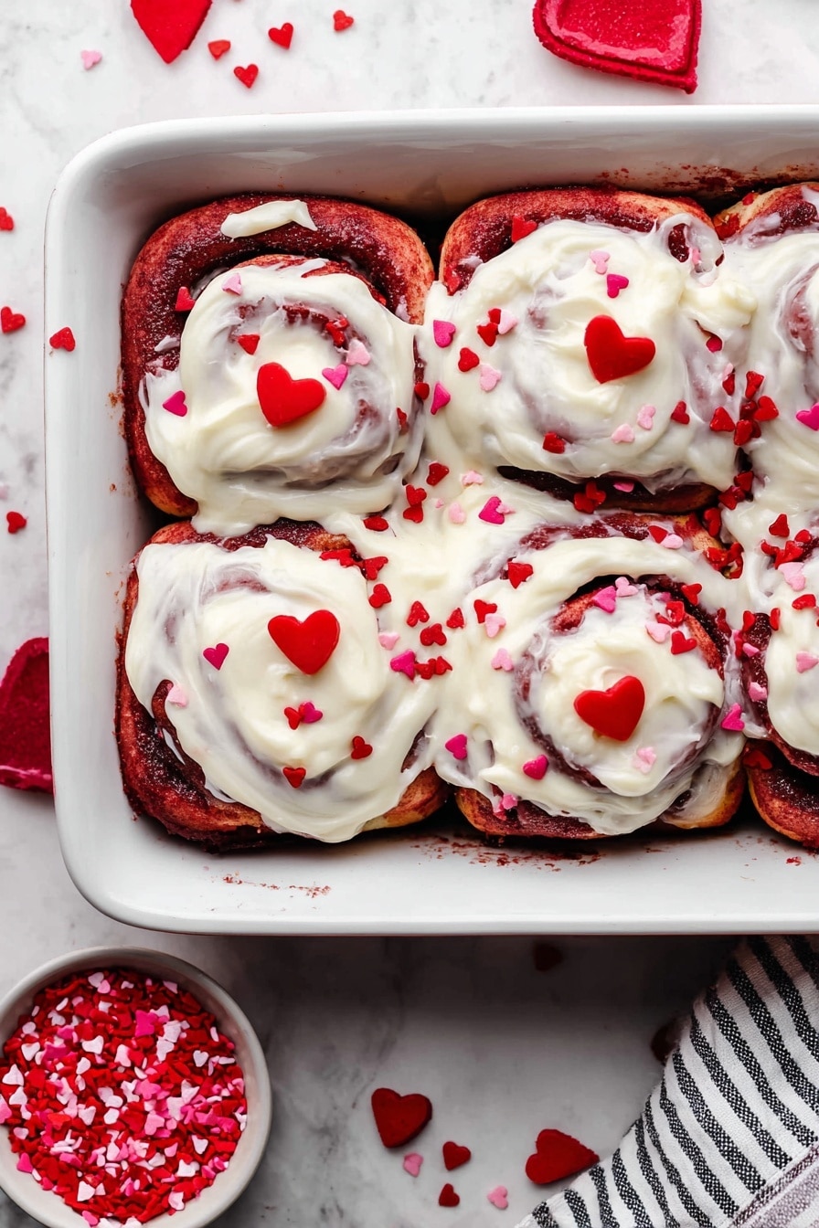 This image shows a close-up of a red velvet cupcake with a bite taken out of it, placed on a white speckled plate. The cupcake has two main layers: the rich, moist red cake with a soft crumb texture and a thick white cream cheese frosting spread unevenly on top. Small red heart-shaped sprinkles are scattered on the frosting and the plate. The plate sits on a white marbled surface, and in the background, there is another whole cupcake out of focus. A silver fork with some white frosting on its tip lies in front of the cupcake. Photo taken with an iphone --ar 2:3 --v 7 - Red Velvet Cinnamon Rolls, red velvet cinnamon roll recipe, fluffy cinnamon rolls with red velvet, chocolate cinnamon rolls, easy red velvet breakfast treats