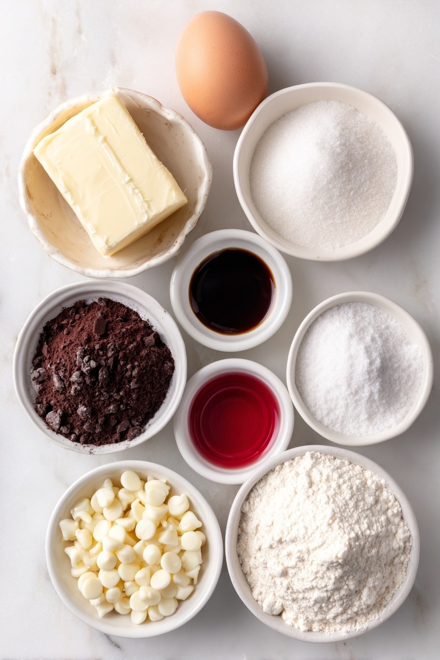 Flat lay of melted butter in a small white bowl, a small white bowl of granulated sugar, one whole brown egg with a clean shell, a small white bowl of cocoa powder, a small white bowl of vanilla extract, a small white bowl with bright red liquid food coloring, a small white bowl of plain flour, a small white bowl of baking powder, a small white bowl of salt, a small white bowl of white vinegar, a small white bowl of white chocolate chips, and a small white bowl dusted lightly with icing sugar, all arranged symmetrically with perfect proportions, placed on a clean white marble surface, soft natural light, photo taken with an iPhone, professional food photography style, fresh ingredients, white ceramic bowls, no bottles, no duplicates, no utensils, no packaging --ar 2:3 --v 7 --p m7354615311229779997 - Red Velvet Brownie, red velvet brownie recipe, fudgy red velvet bars, easy red velvet brownies, chocolate red velvet dessert