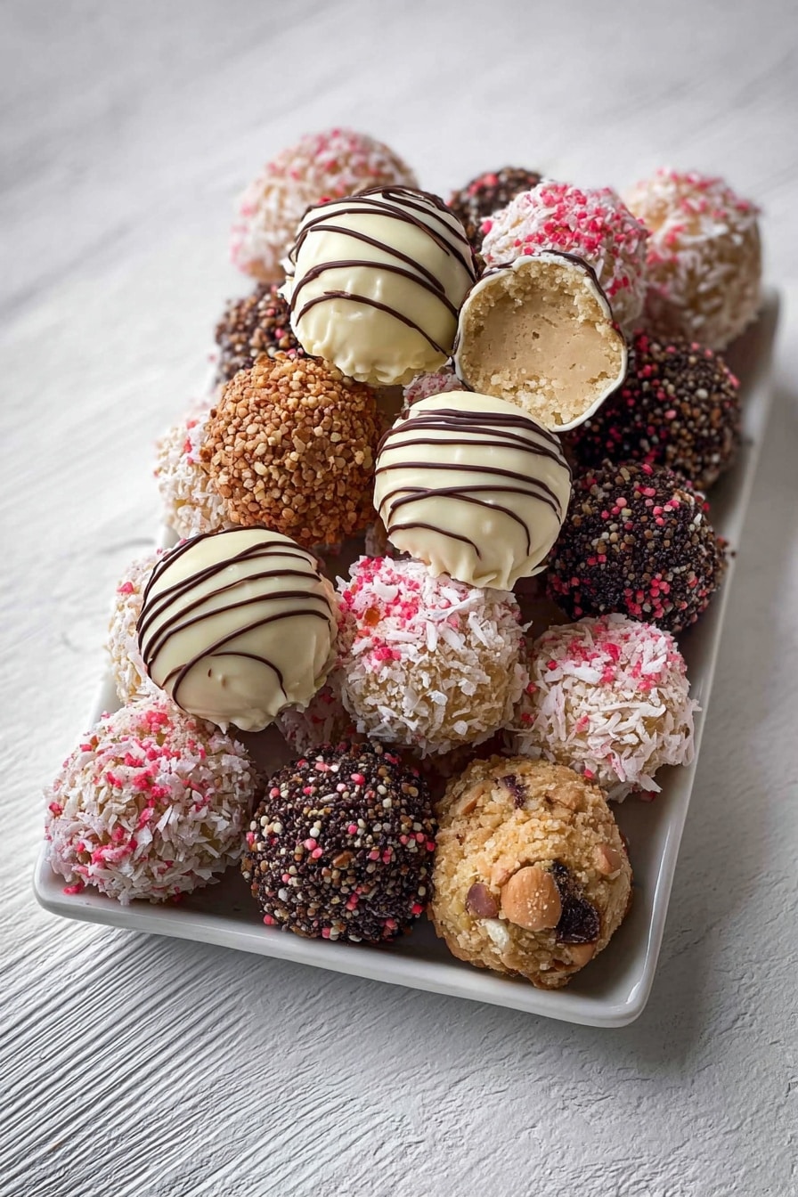 A white rectangular plate holds about twenty small, round dessert balls arranged in layers. The bottom layer has balls coated in white shredded coconut, finely chopped nuts, and tiny pink, white, and red candy sprinkles. The middle layer has balls covered in dark brown chocolate sprinkles and light caramel nut pieces. On top, two larger balls are covered in smooth white chocolate with dark chocolate drizzle lines, adding contrast. One of the balls is shown with its inside visible, revealing a light beige, soft texture. The plate rests on a white marbled textured surface. Photo taken with an iphone --ar 2:3 --v 7 - Caramilk Biscuit Truffles, Caramilk truffle recipes, quick caramel chocolate treats, easy no-bake dessert recipes, decadent chocolate truffles